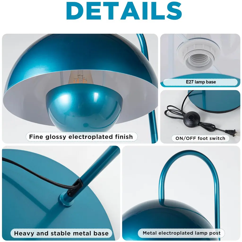 Detalles de una lámpara azul: base, interruptor, soporte y poste.
