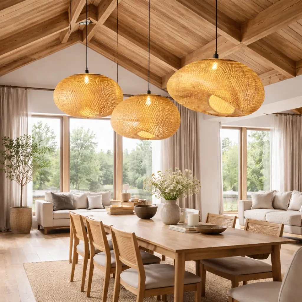 Mesa de comedor de madera con sillas, tres lámparas colgantes tejidas.