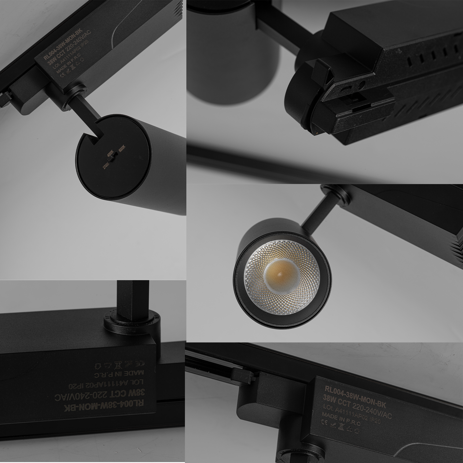 Foco LED negro para riel con temperatura de color ajustable.