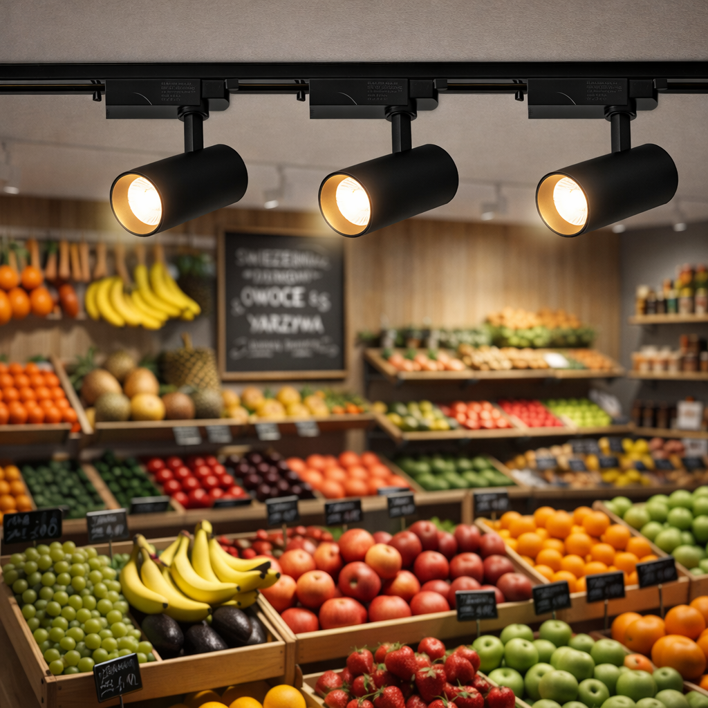 Tres focos negros iluminan un puesto de frutas y verduras con muchas frutas coloridas.