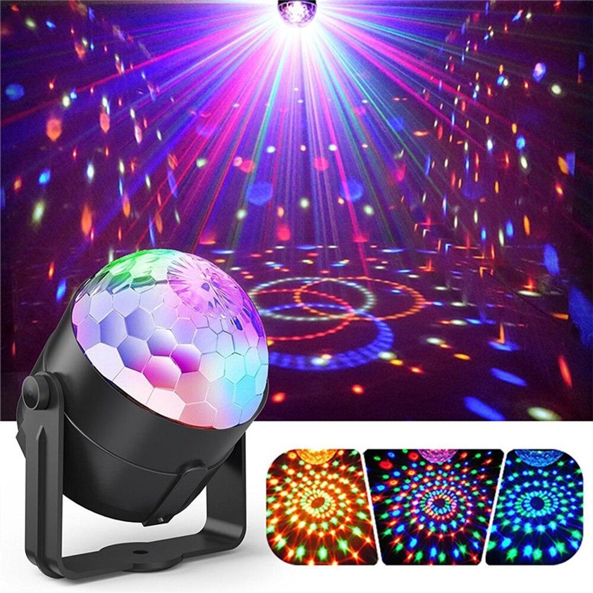 Een kleine discobal met kleurrijke lichten die patronen op de muur werpen.