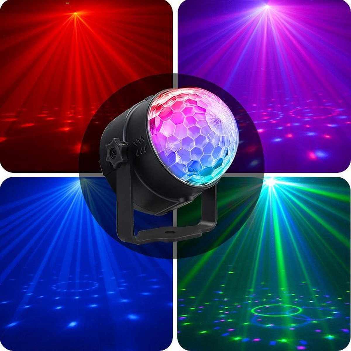 Kleurrijke discobal met rode, paarse, blauwe en groene lichtstralen.