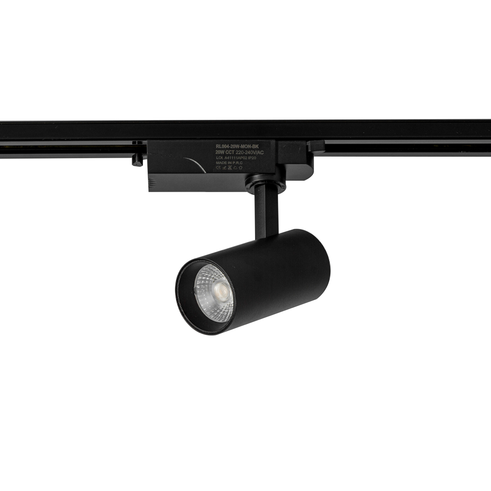 Foco LED negro con cabezal cilíndrico sobre riel negro.