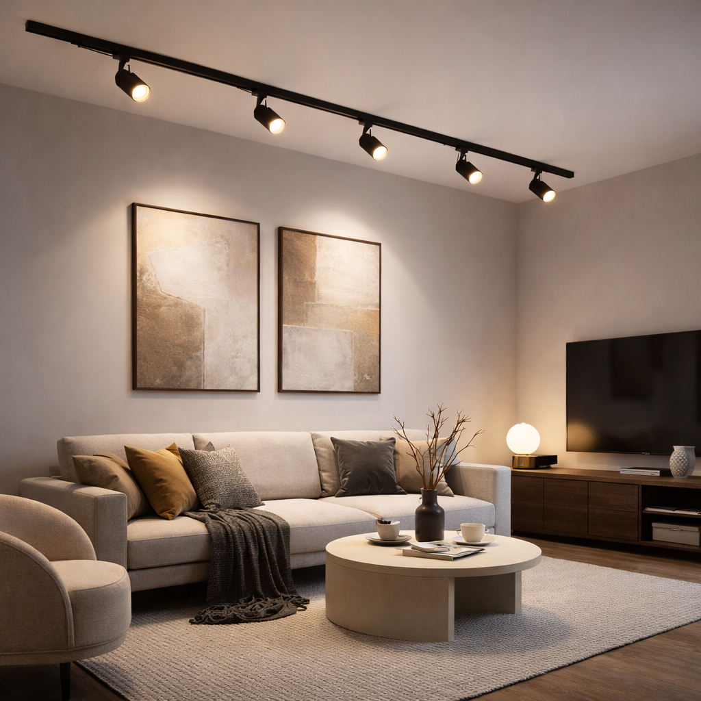 Una sala de estar luminosa con sofá, mesa de centro, TV y dos cuadros.