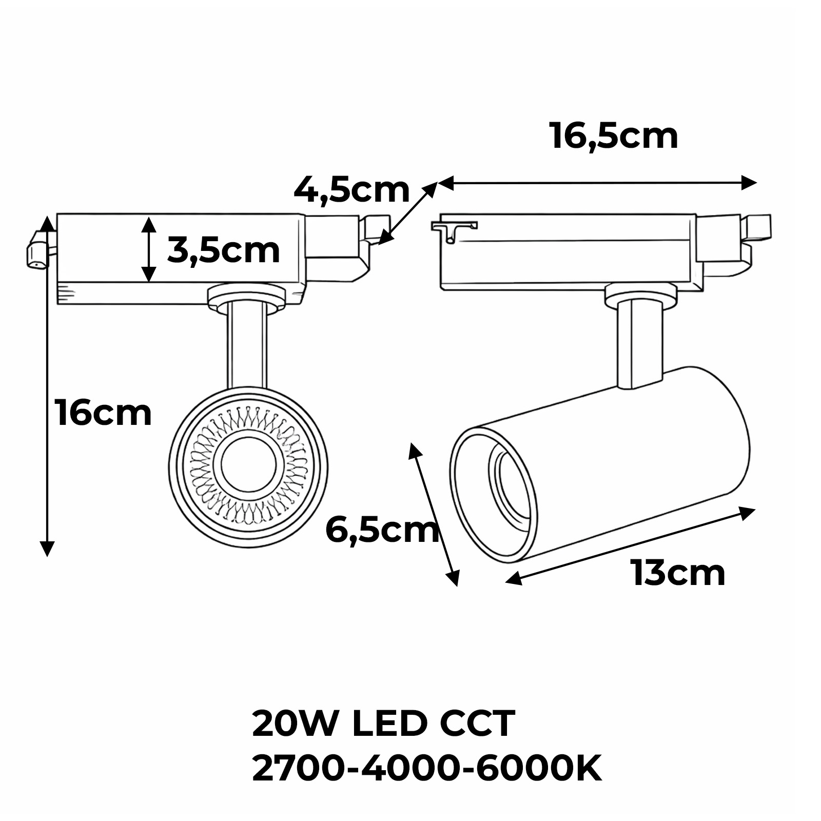 Dibujo técnico de un foco LED CCT de 20W con dimensiones.