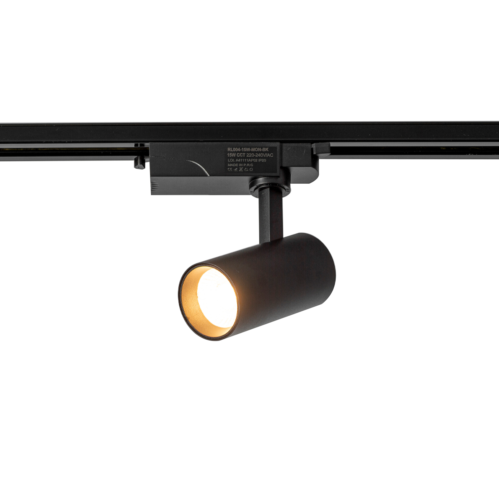 Foco cilíndrico negro en riel negro, emitiendo luz brillante.