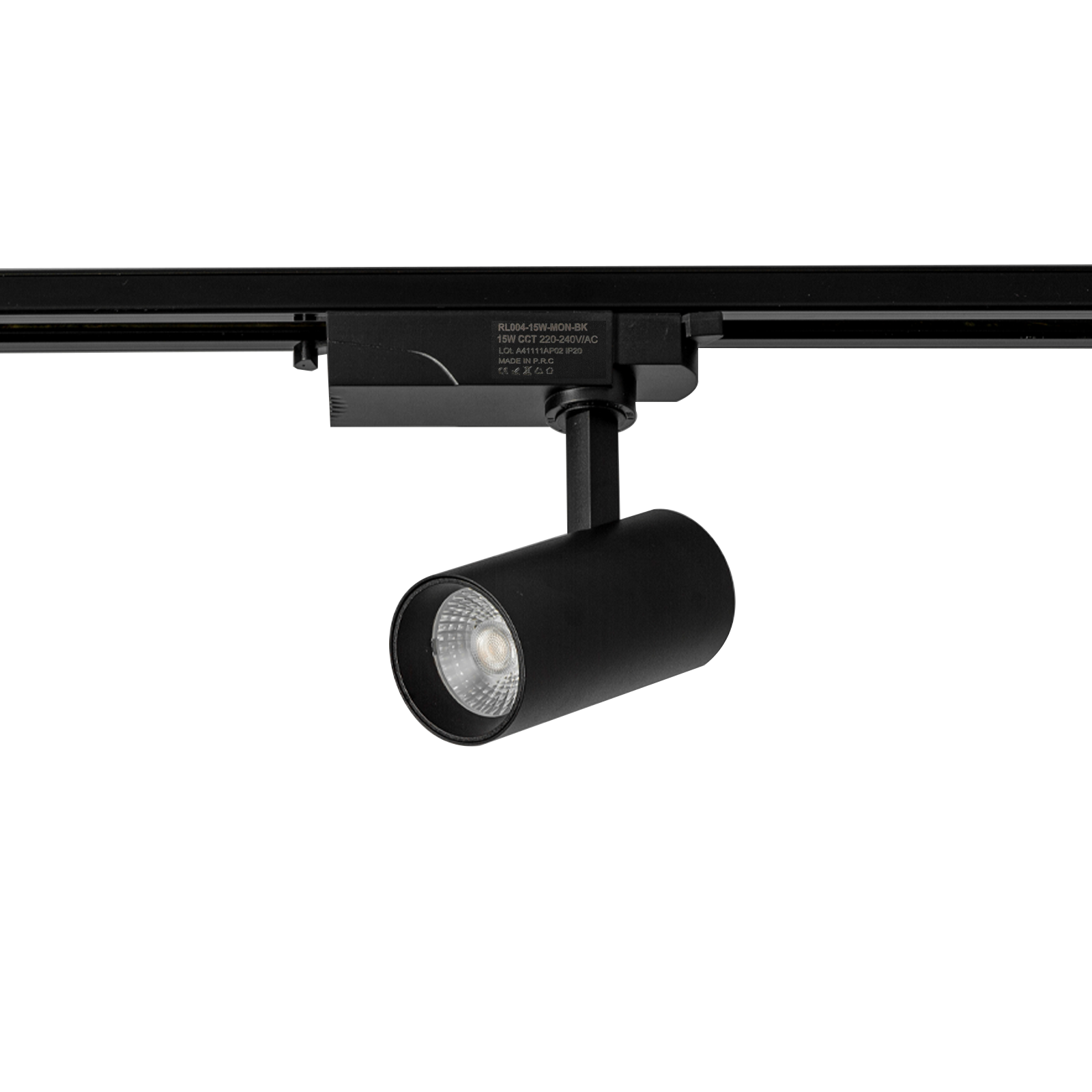 Foco de riel negro con bombilla LED visible, sujeto a un riel de riel negro.