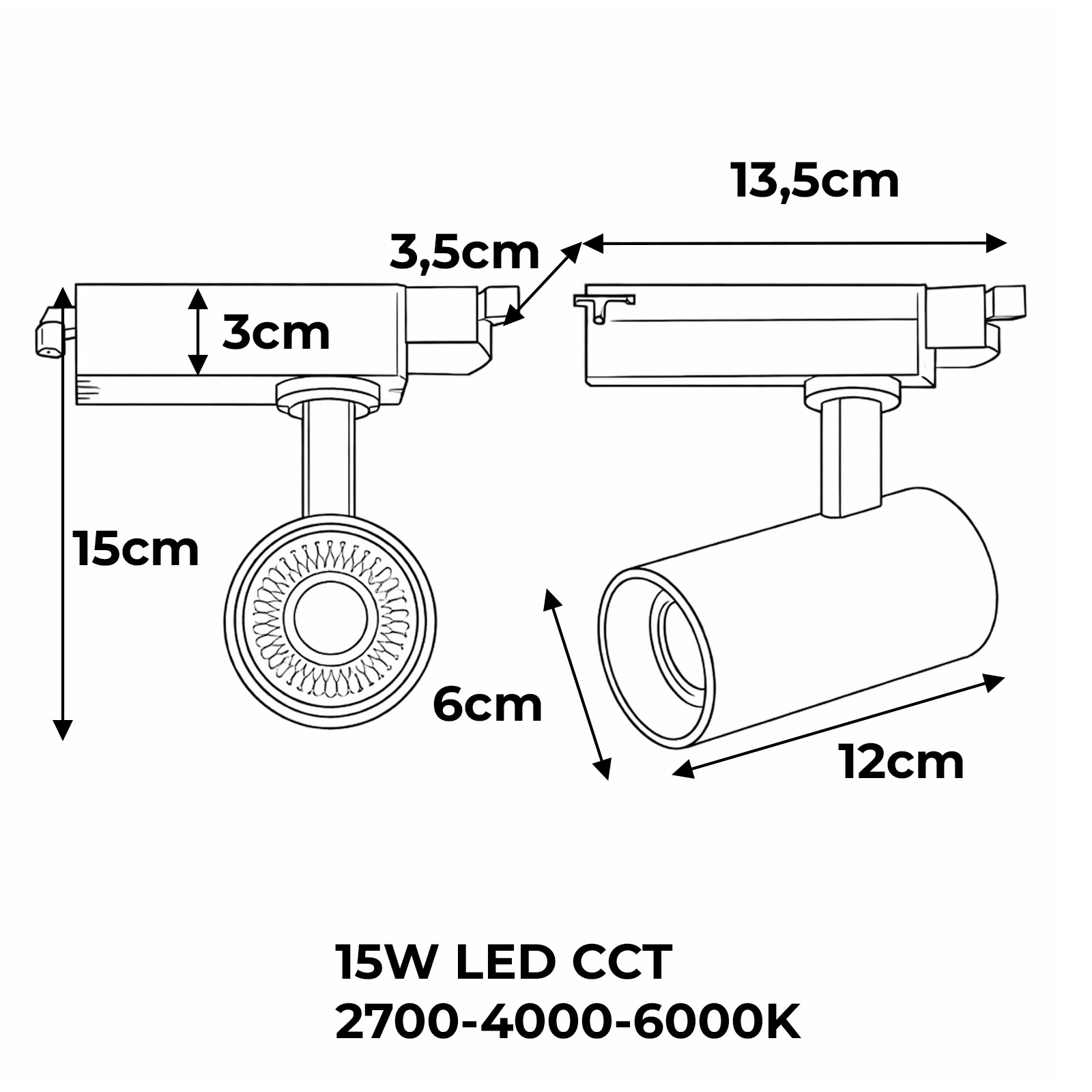 Dibujo técnico de un foco orientable con dimensiones.