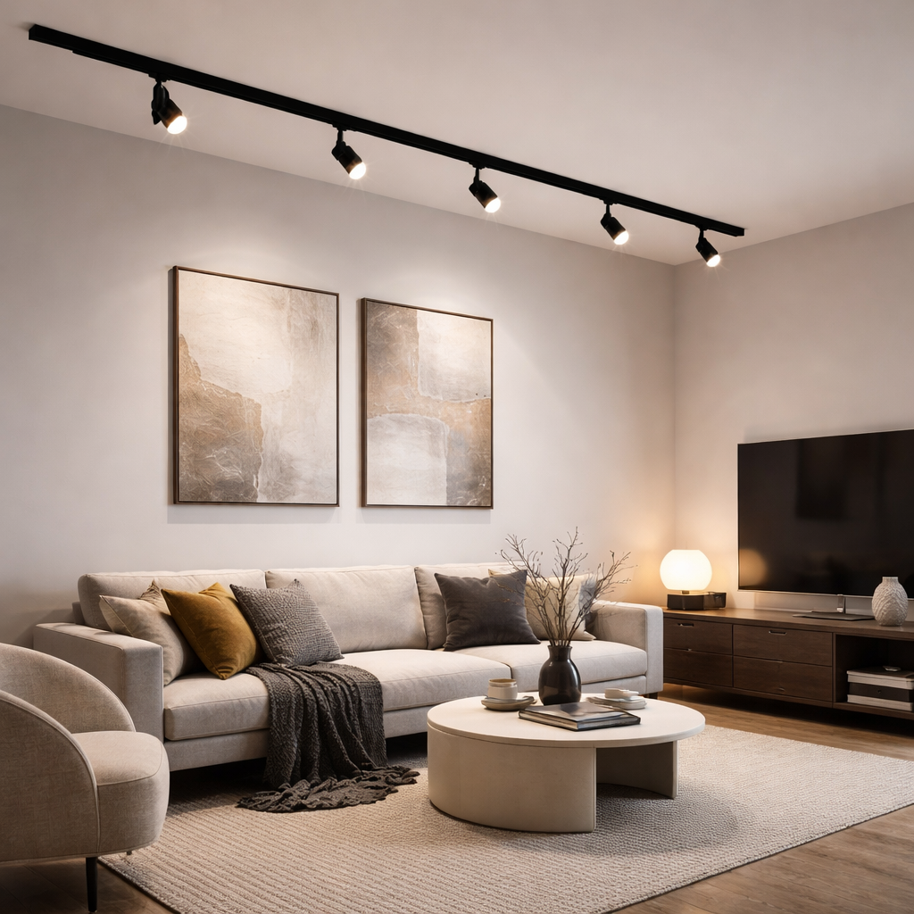 Sala de estar moderna con sofá, mesa de centro, TV y obras de arte.