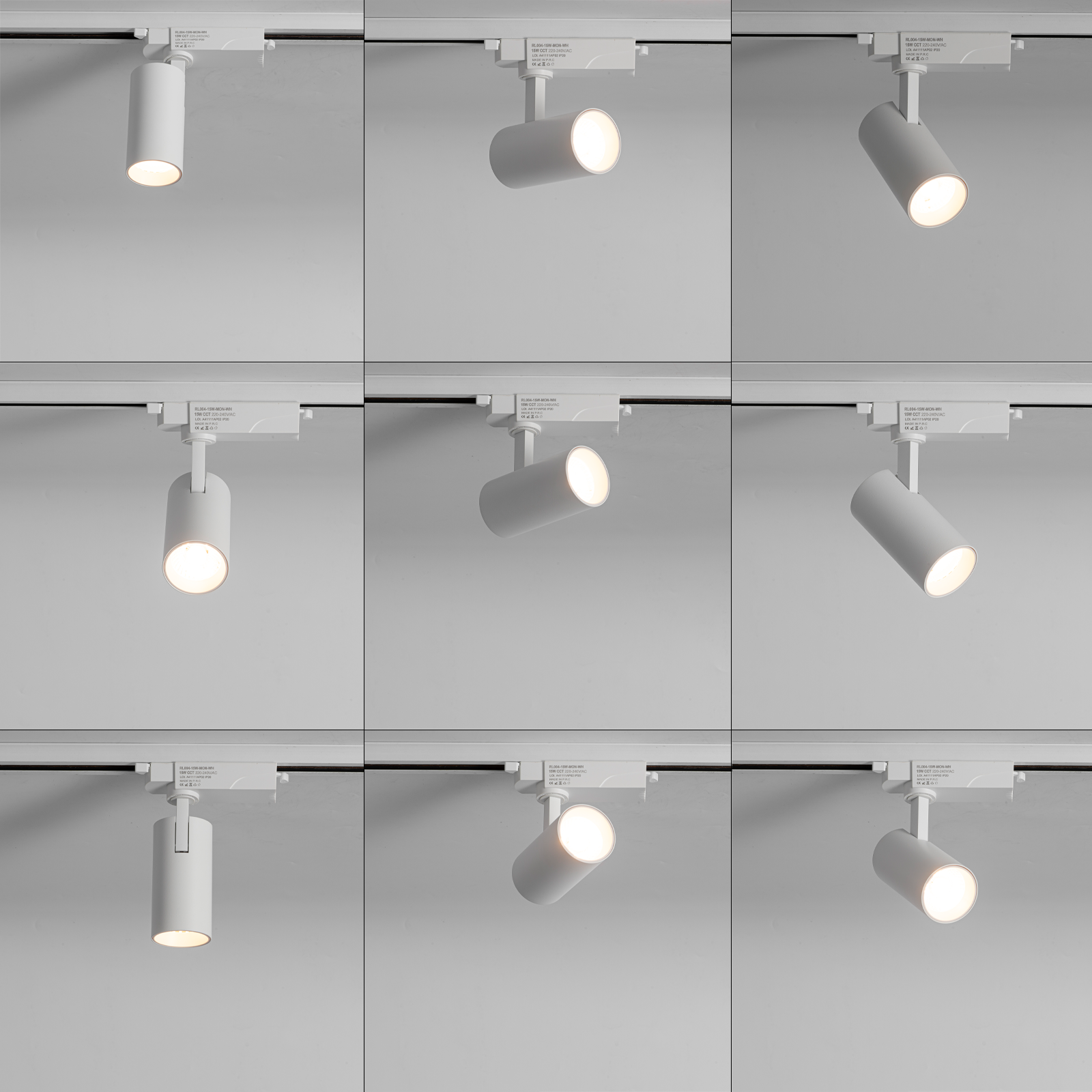 Focos blancos para rieles con cabezales cilíndricos, algunos iluminados.