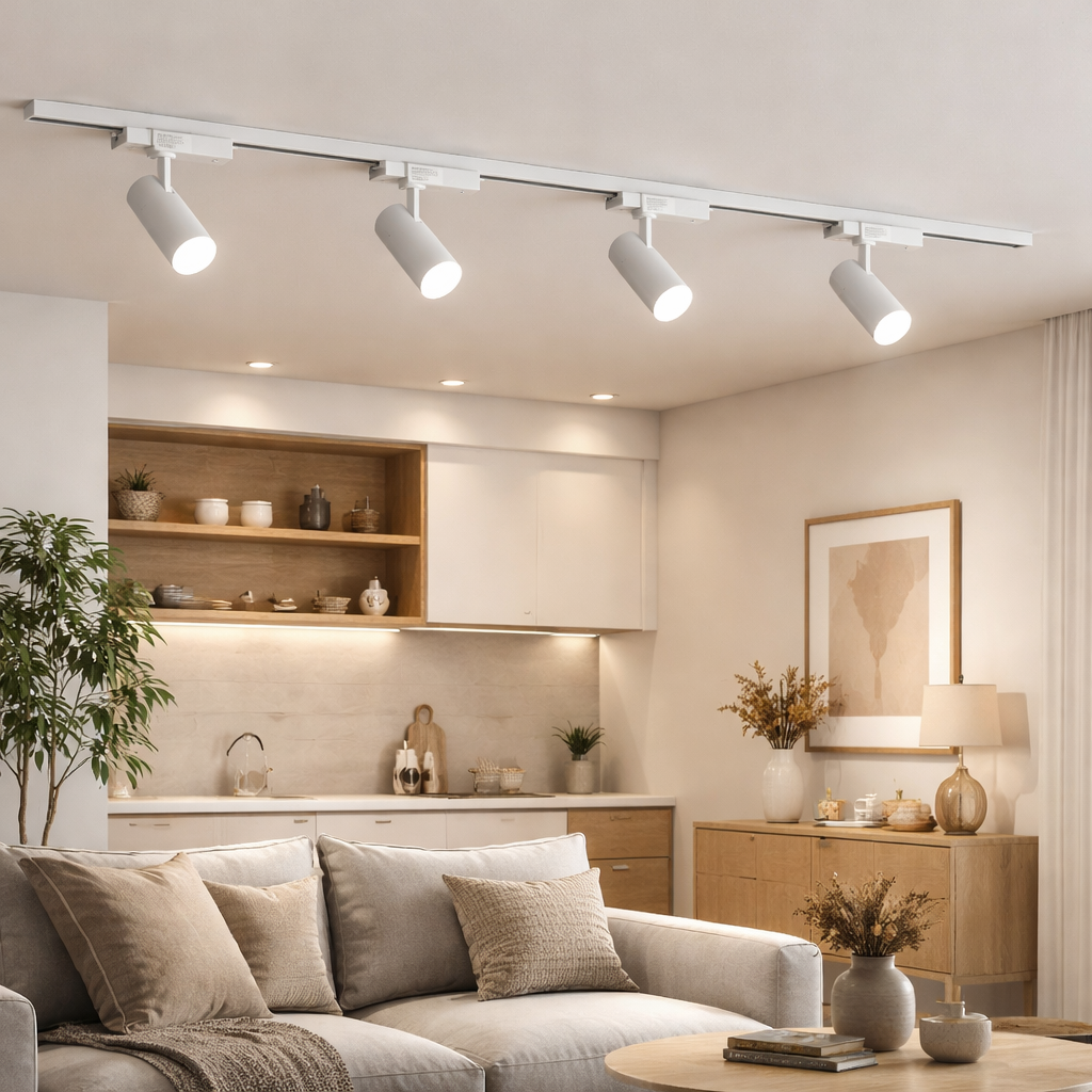 Una sala de estar con cocina abierta, sofá y sistema de iluminación en riel.