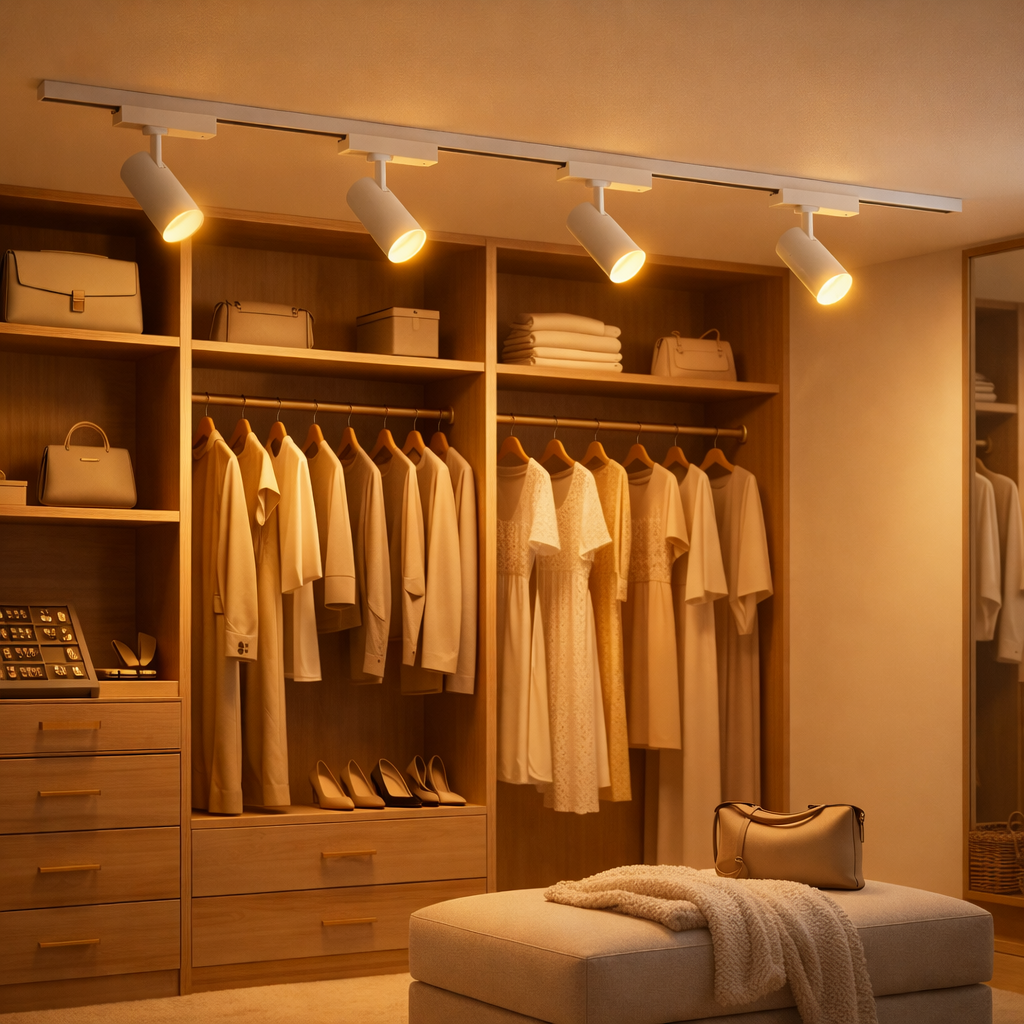 Armario con vestidor iluminado, ropa, bolsos y zapatos en estantes.