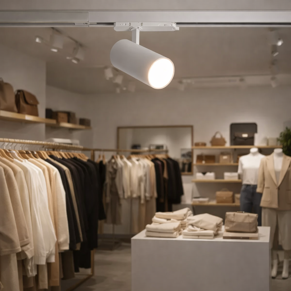 Un foco de riel ilumina una tienda con ropa en percheros.
