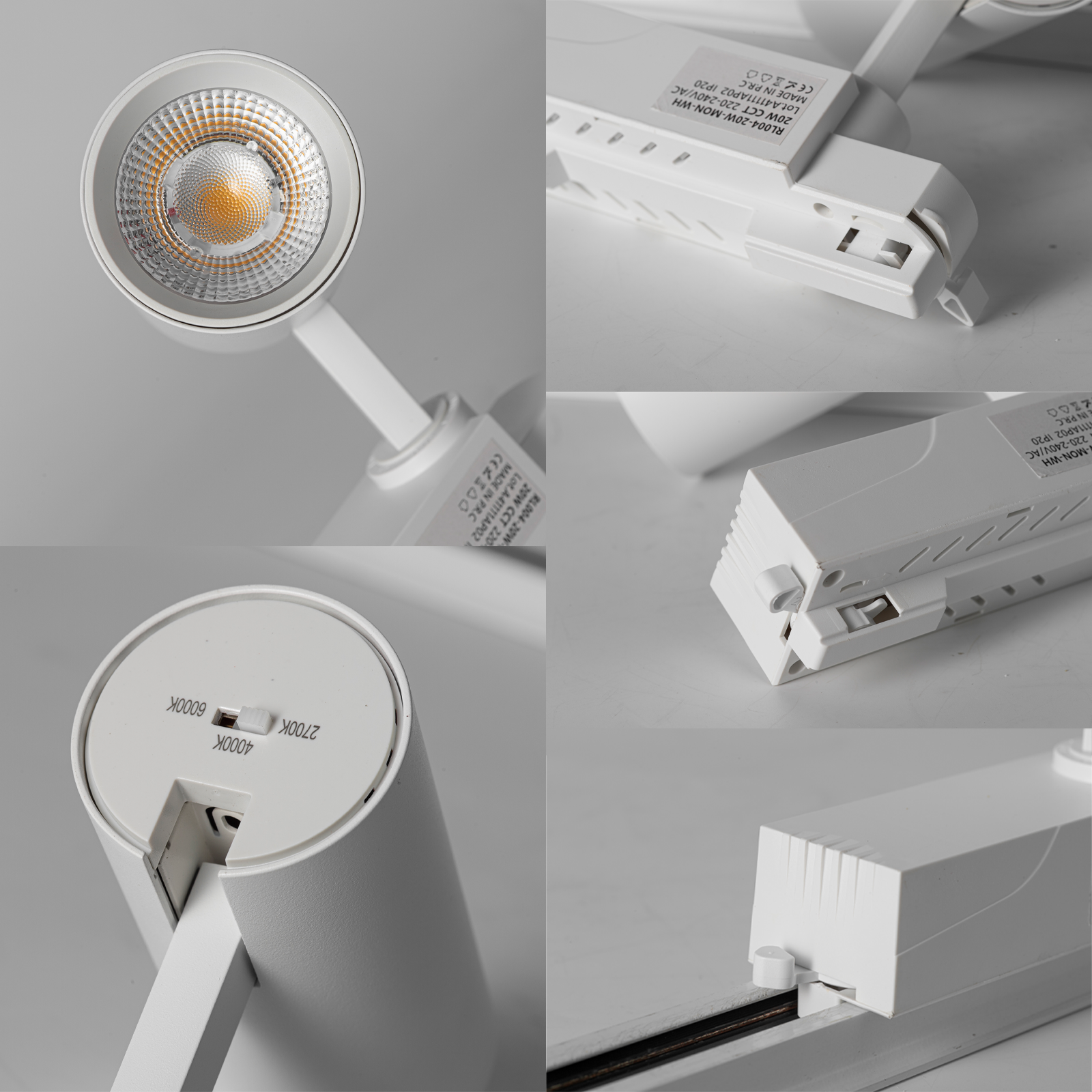 Un foco LED blanco con temperatura de color ajustable (2700K, 4000K, 6000K).