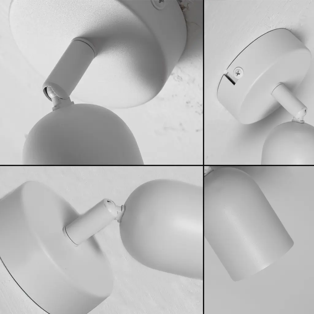 Lámpara de techo blanca con brazo y pantalla orientables.