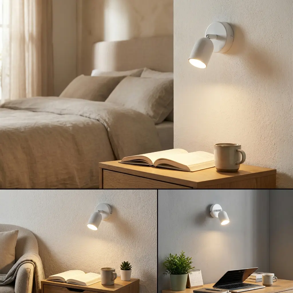 Un dormitorio con cama, mesita de noche con libro y taza. Apliques iluminan el espacio.