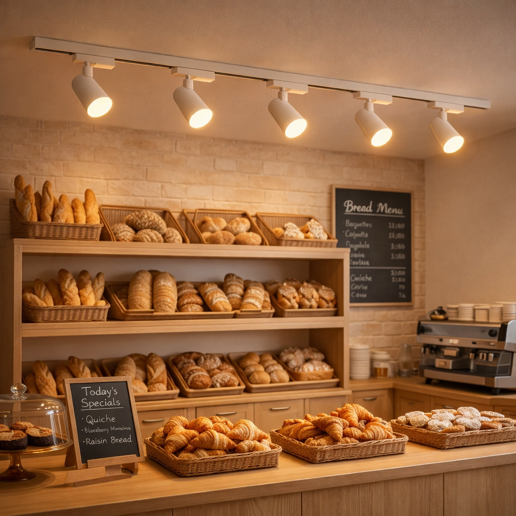 Mostrador de panadería con estantes de pan, pasteles y una máquina de café. Tablero de especiales lista Quiche.