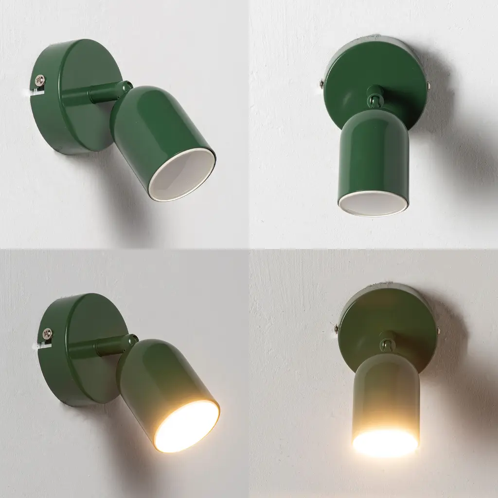 Un foco de pared verde con cabeza ajustable sobre fondo blanco.