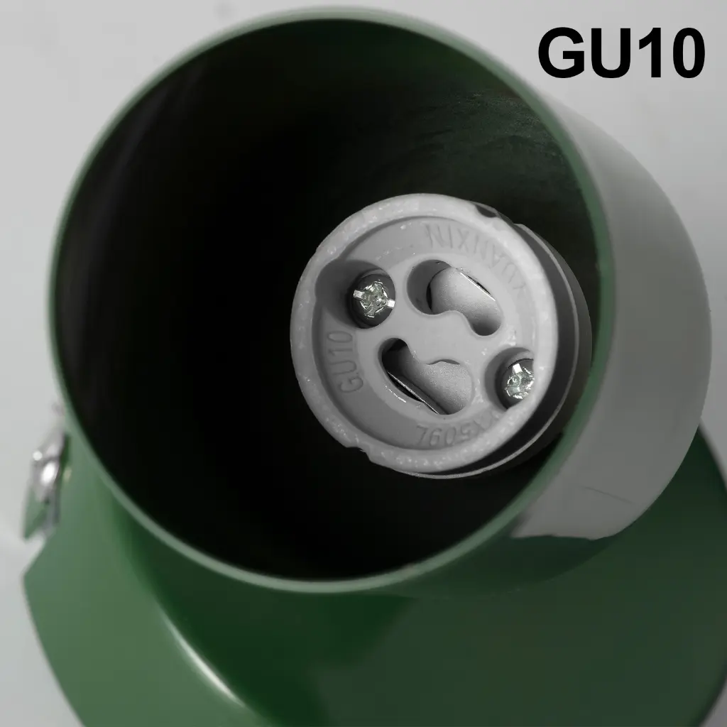 Portalámparas verde con marca GU10 y casquillo.