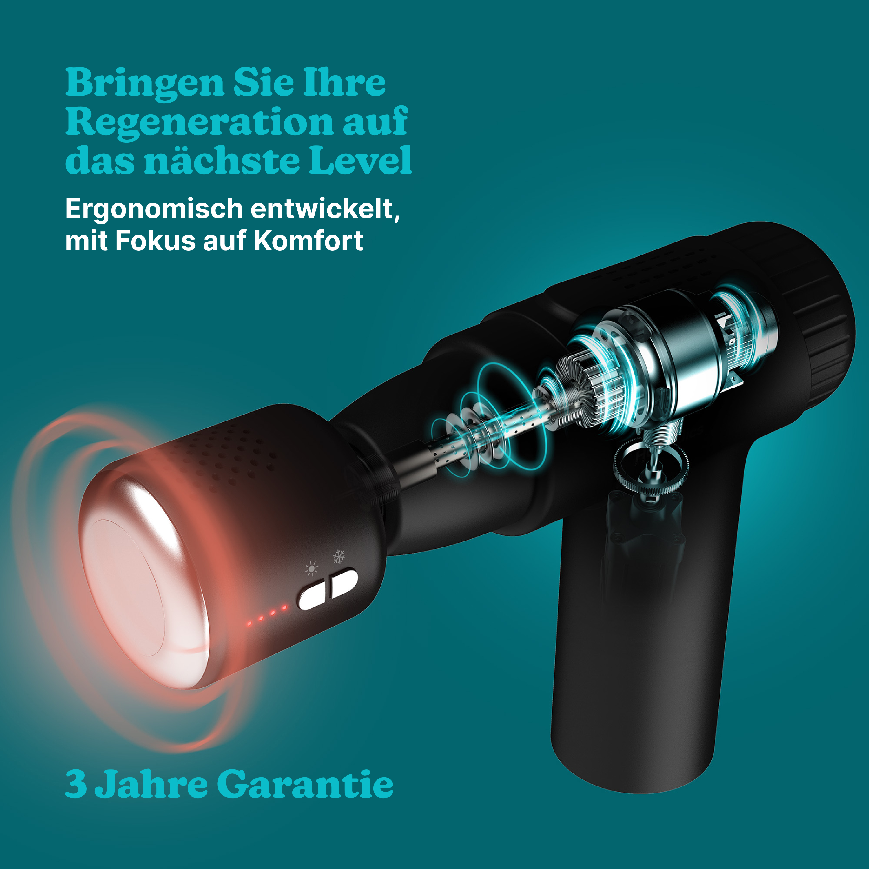 Schwarze Massagepistole mit silbernen Details, Hintergrund petrol.