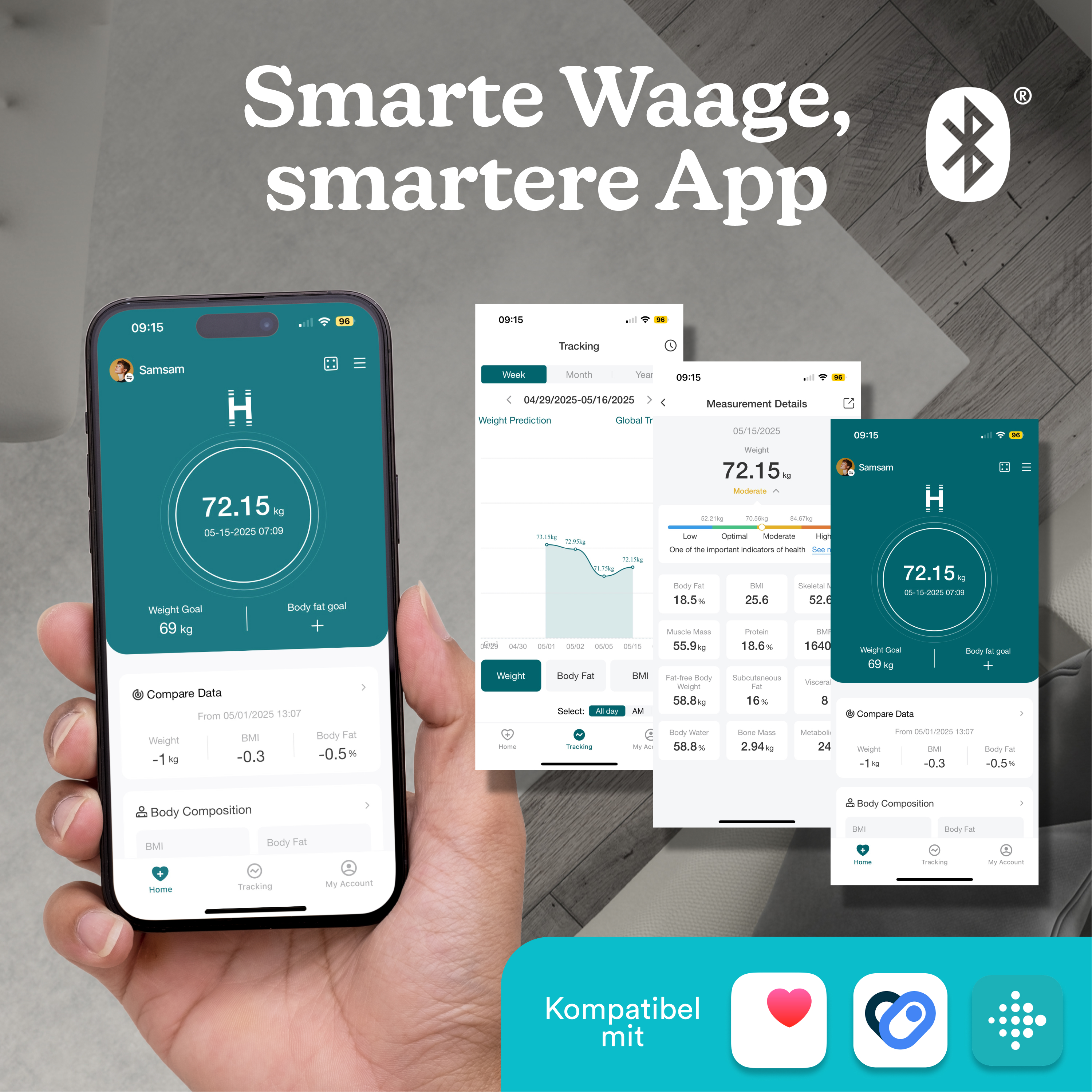 Trzy ekrany smartfonów pokazują aplikację zdrowotną z danymi dotyczącymi wagi i tkanki tłuszczowej.