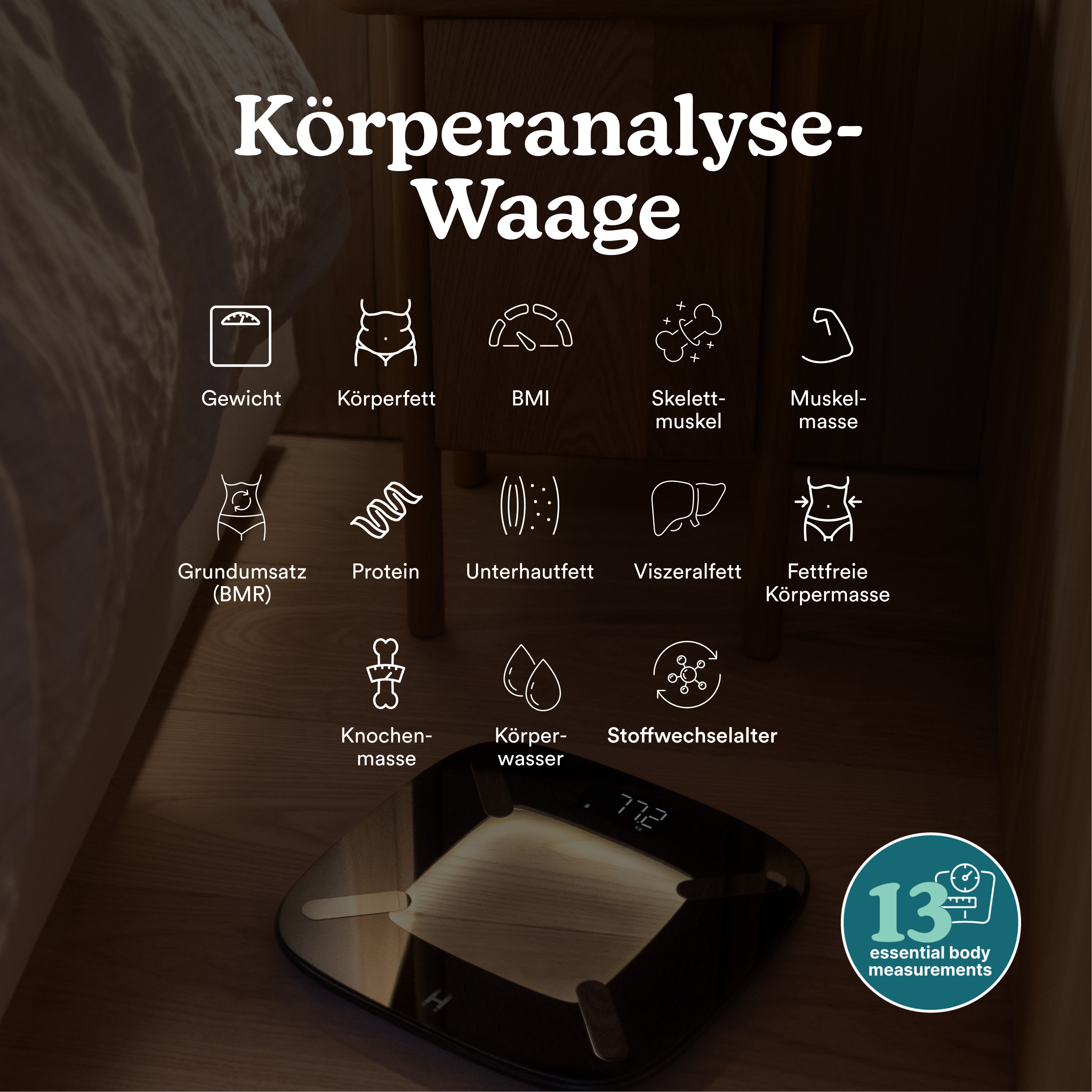 Waga do analizy składu ciała z ikonami wagi, tkanki tłuszczowej, BMI, mięśni, białka, wody.