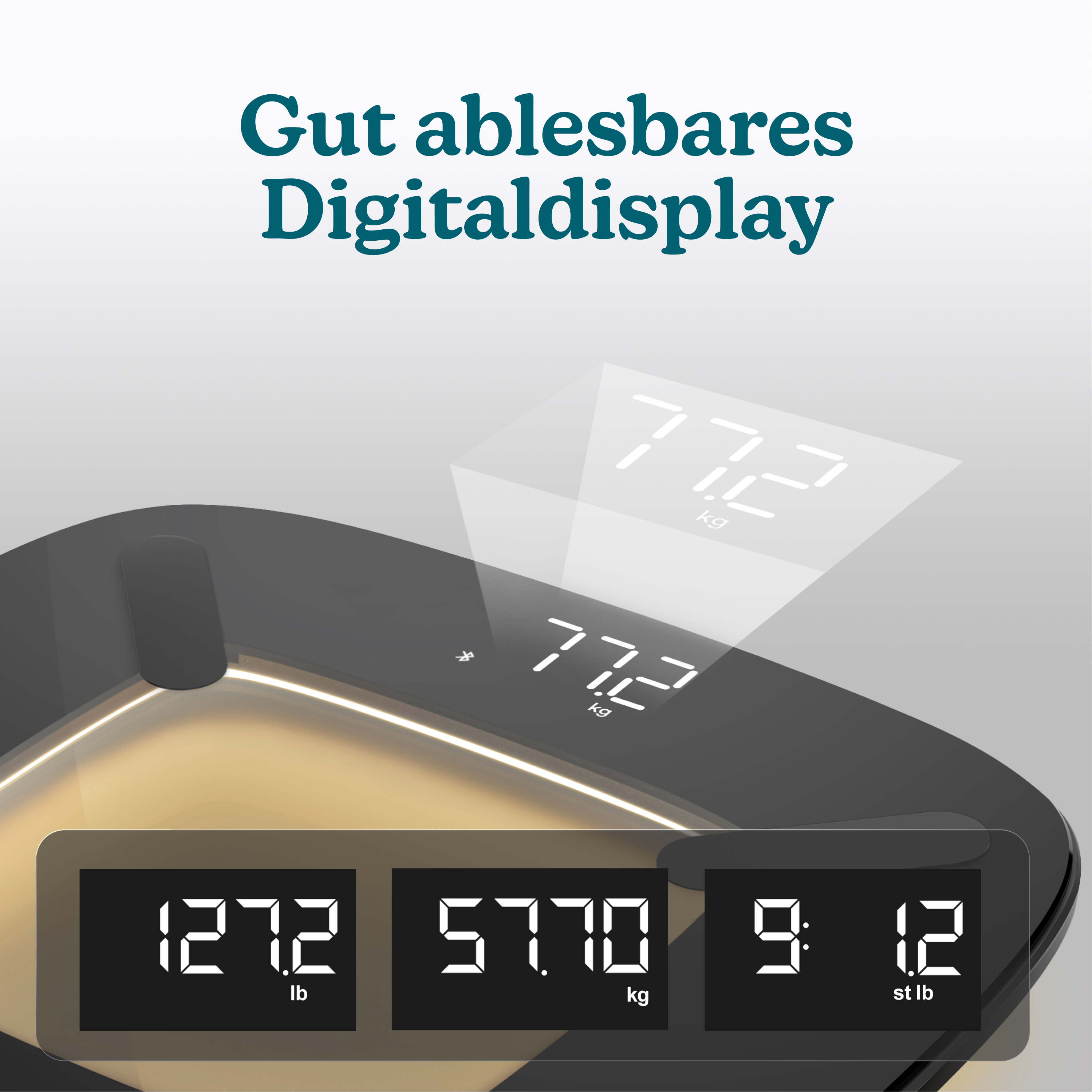 Waga cyfrowa z trzema wyświetlaczami: 127,2 funta, 57,70 kg i 9:12 st.