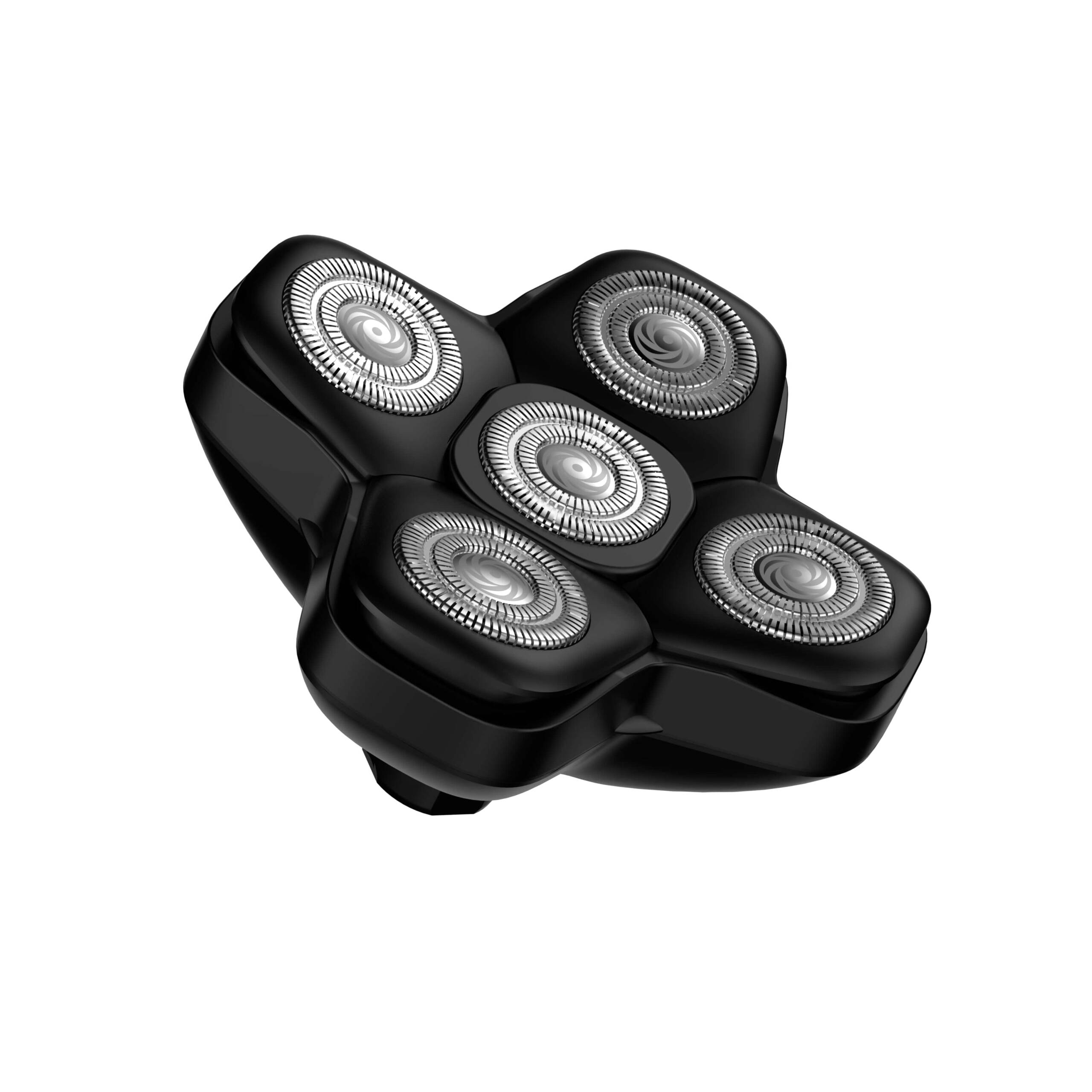 Cabezal de afeitadora negro con cinco cabezales de cuchilla giratorios y rejillas plateadas.