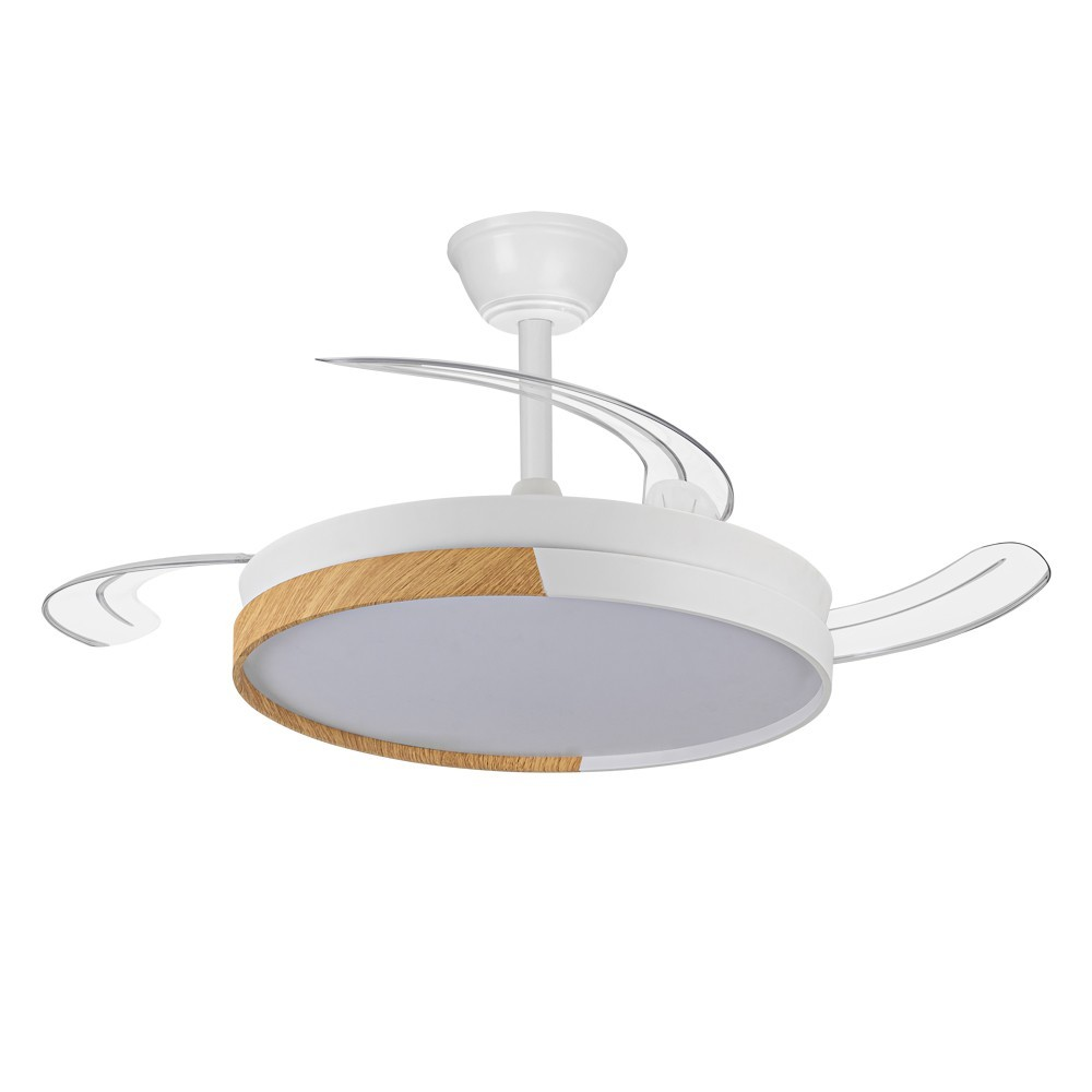 Luz de ventilador de techo blanca con borde de madera y aspas transparentes.