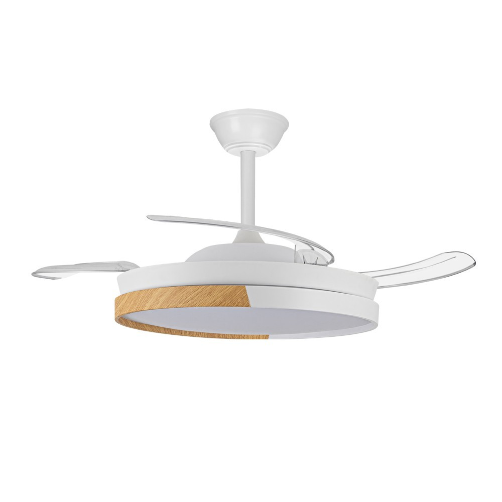 Un ventilador de techo blanco moderno con aspas transparentes retráctiles y detalle de madera.