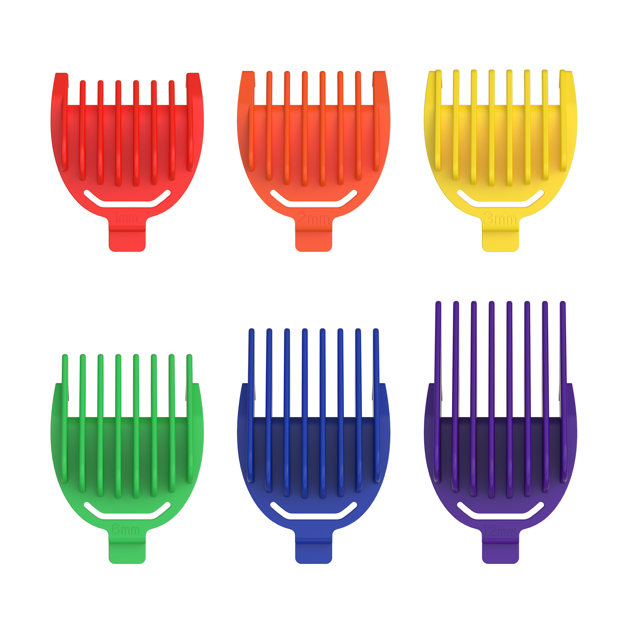 Sei pettini colorati per tagliacapelli: rosso, arancione, giallo, verde, blu, viola.