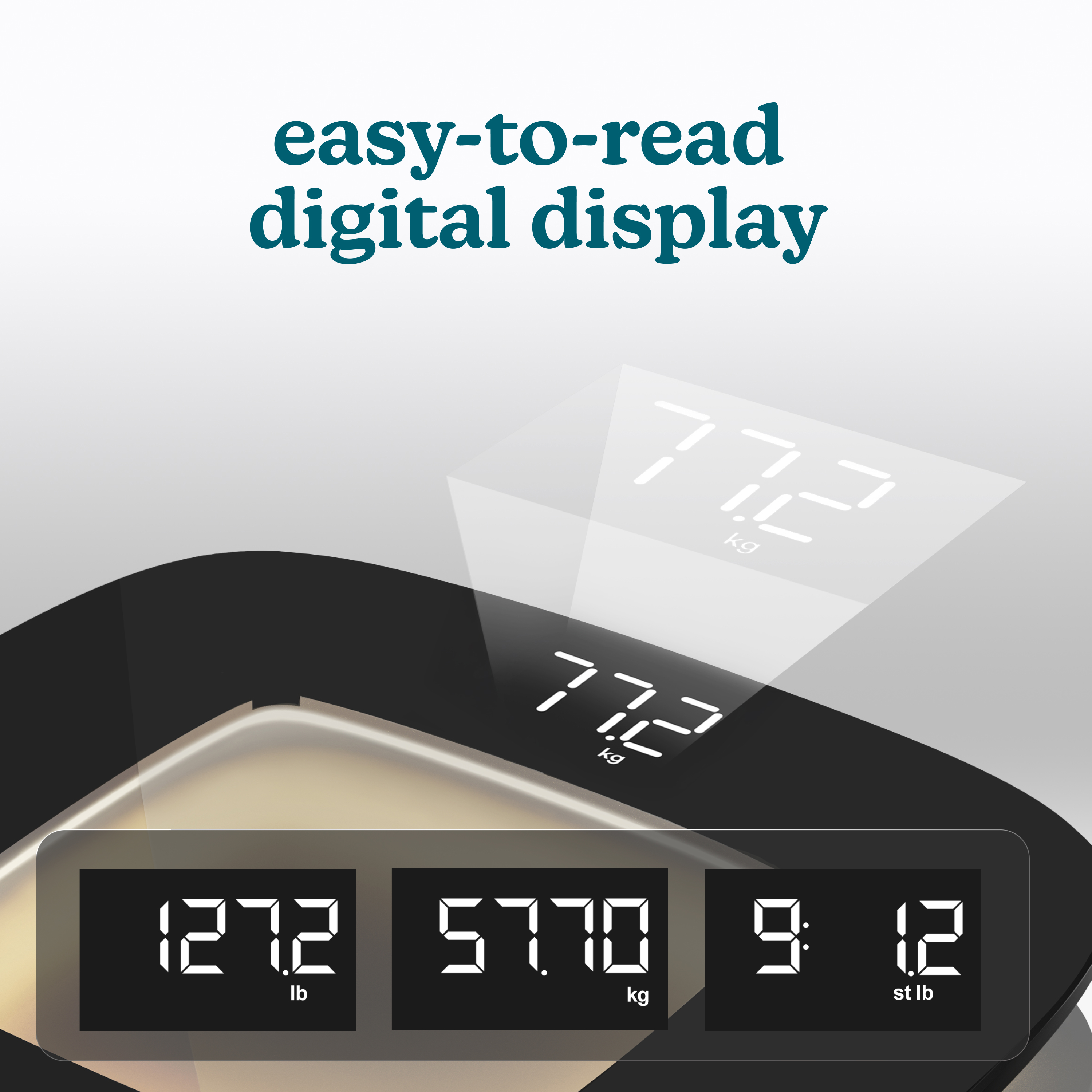 Digitale Waage mit drei Displays: 77,2 kg, 127,2 lb und 9:12 st lb.