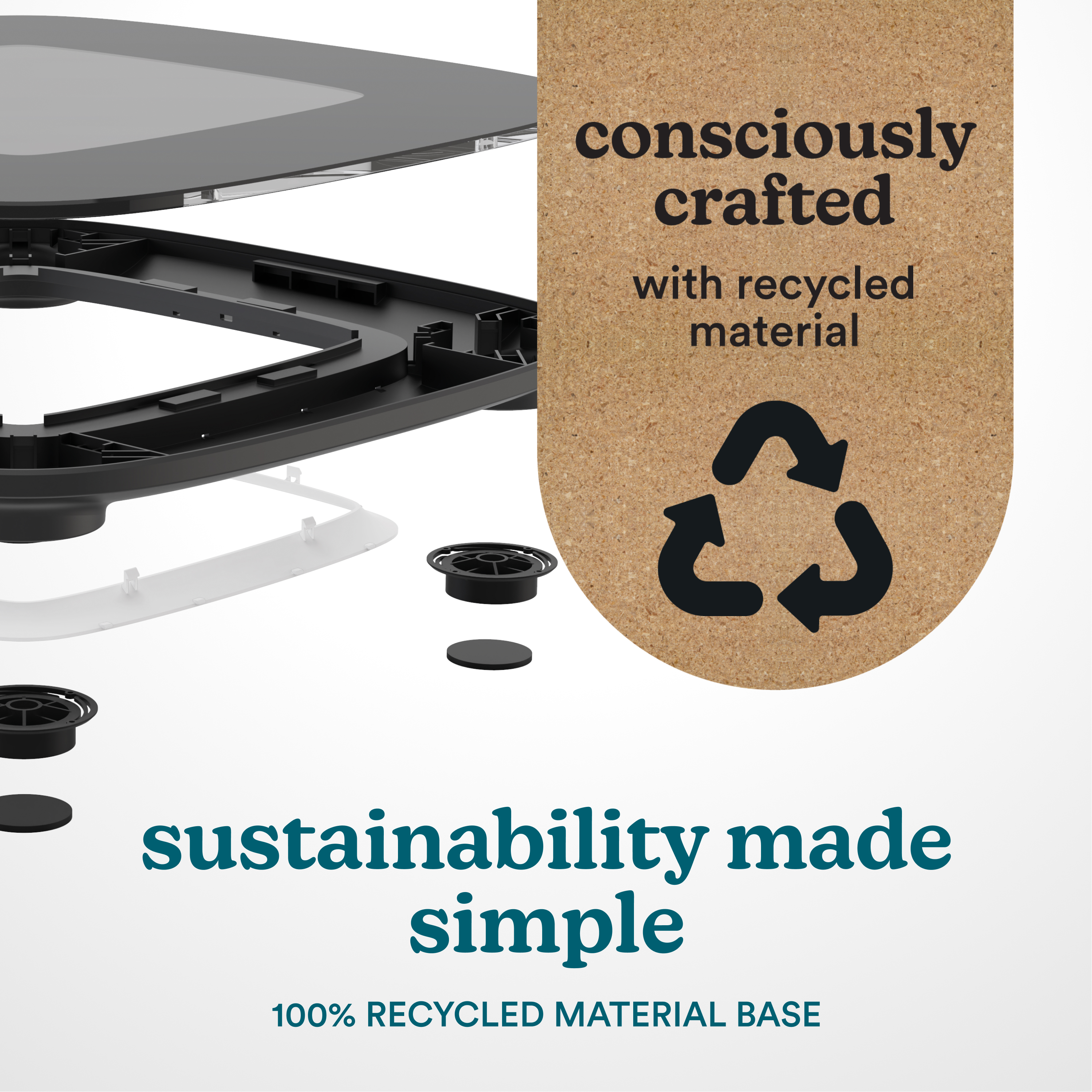Zerlegtes Produkt mit Recycling-Symbol. Nachhaltig hergestellt.