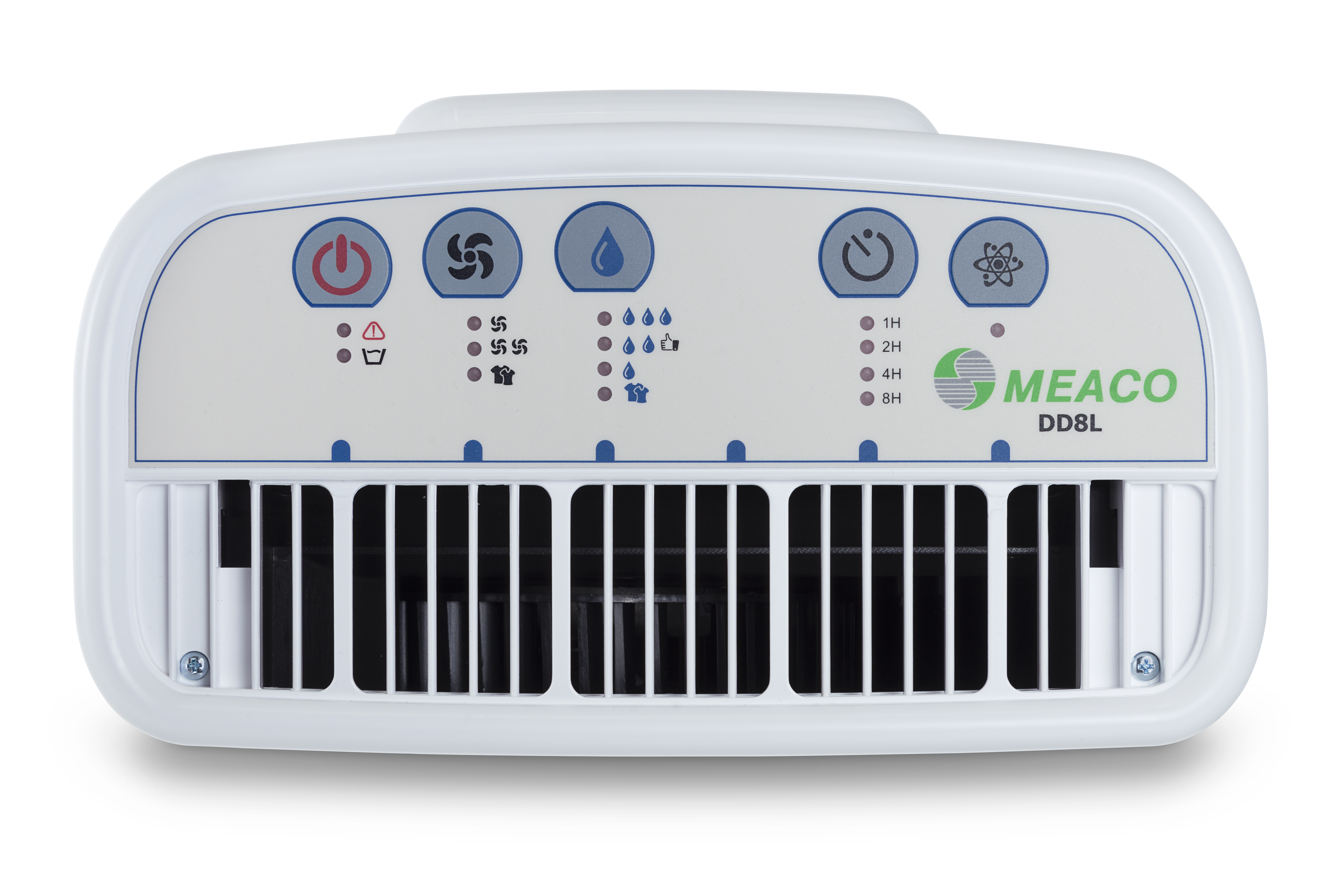 A white dehumidifier with control panel buttons and a ventilation grille.