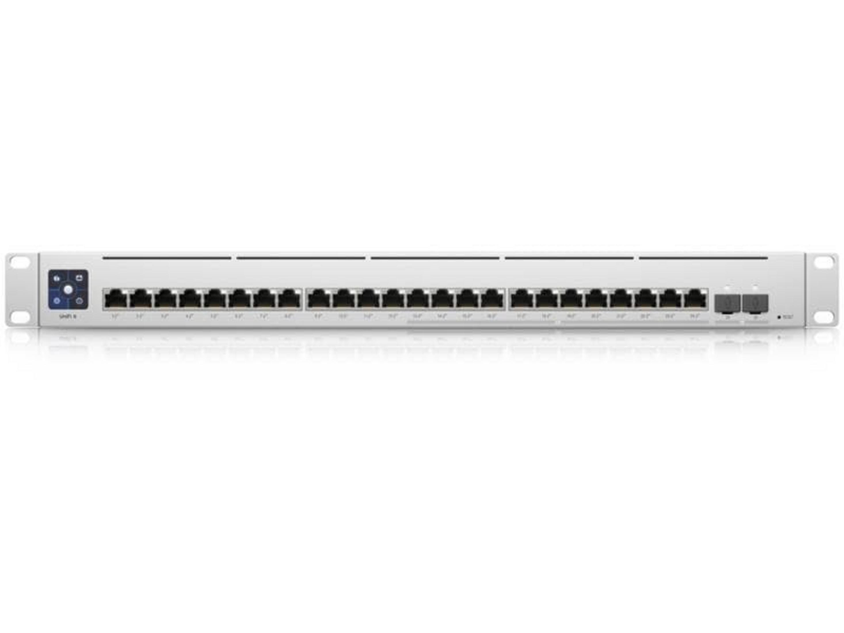 Ein weißes Rackmount-Netzwerkgerät mit vielen Ethernet-Ports und zwei SFP-Ports.