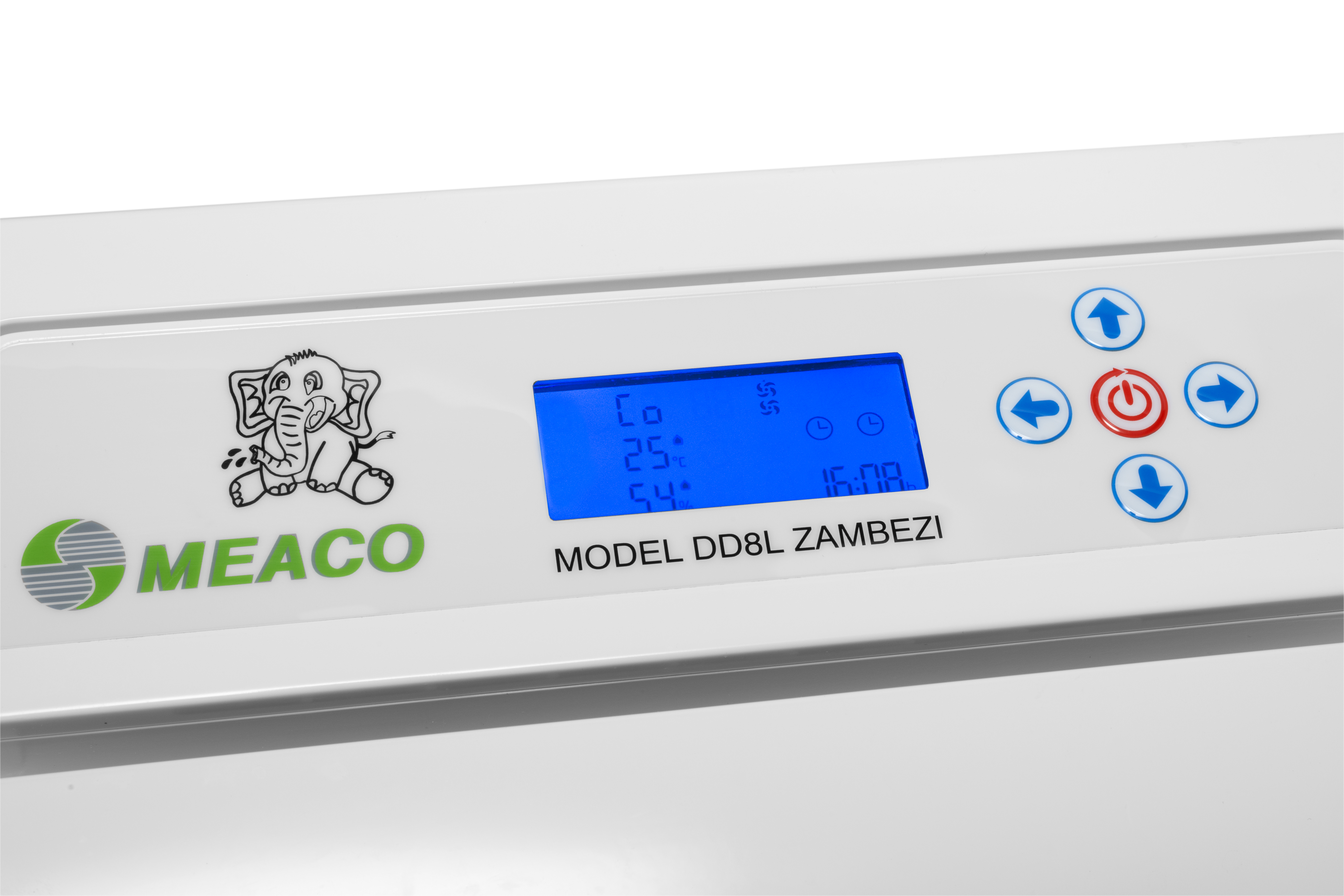A white appliance with an elephant logo, blue display, and arrow buttons.