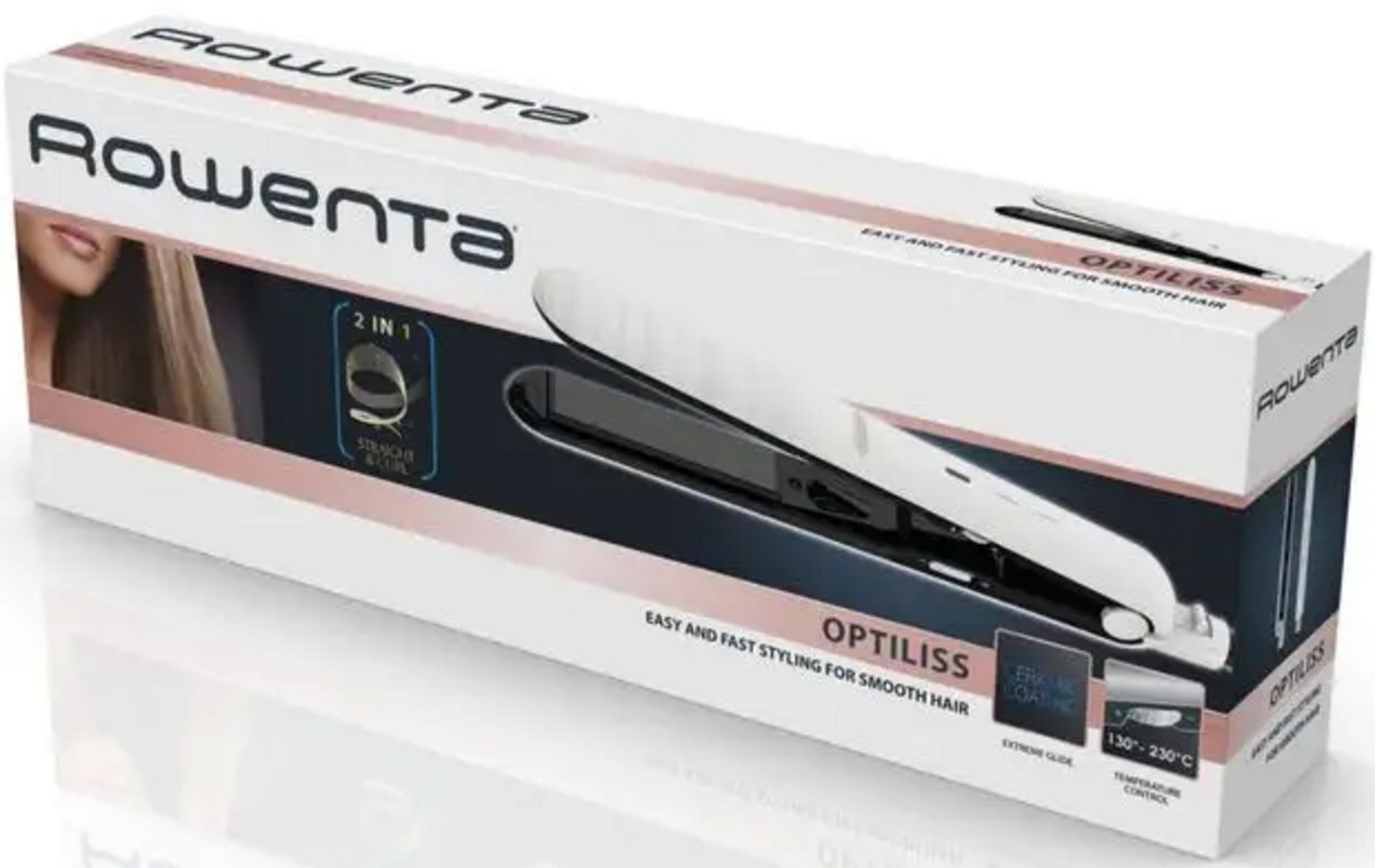 Caja de plancha Rowenta Optiliss con imagen de la plancha y ajustes de temp.