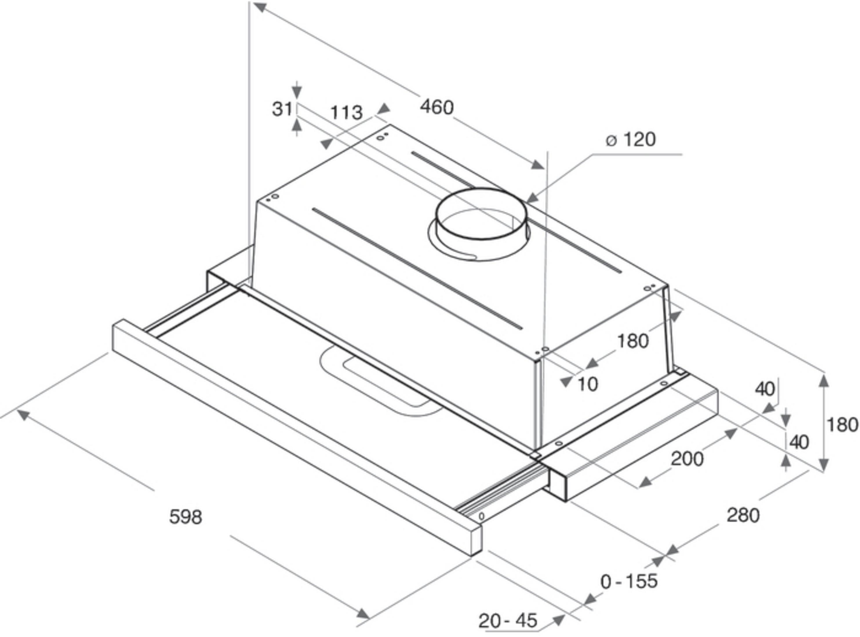 Dibujo técnico de una campana extractora con dimensiones.
