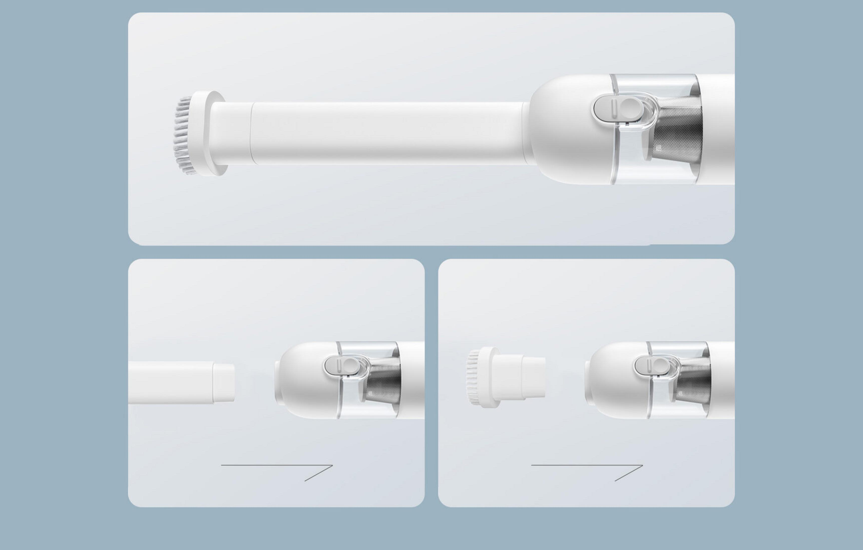 Accessoire aspirateur blanc avec brosse, gauche et droite.
