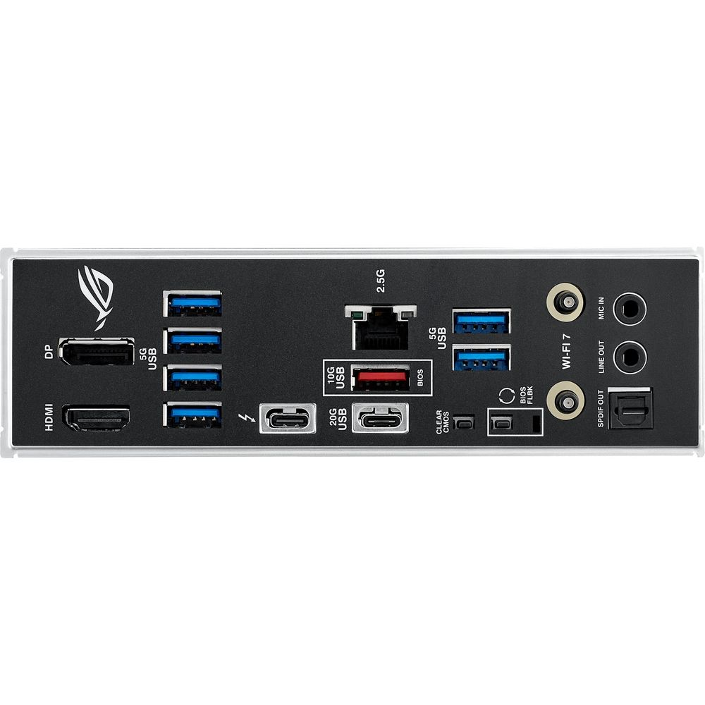 Tylny panel I/O z HDMI, DP, portami USB, Ethernet 2.5G, Wi-Fi 7 i gniazdami audio.