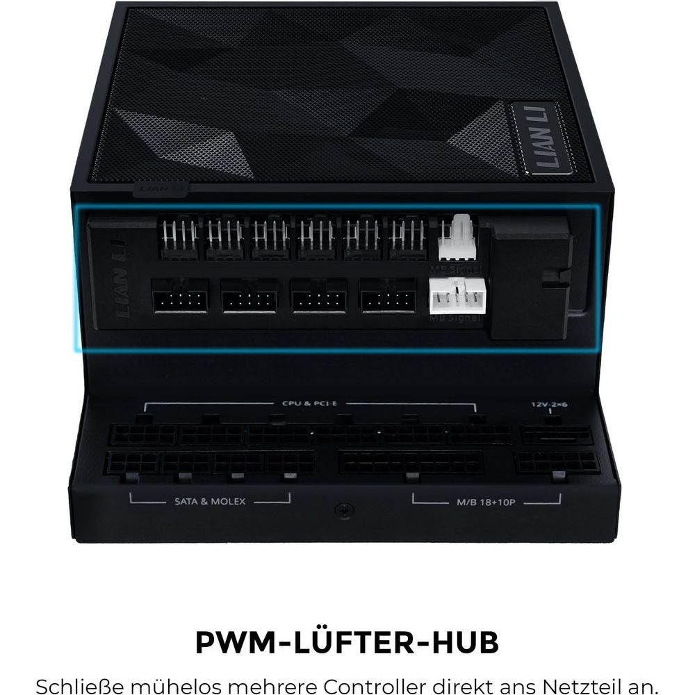 Een zwarte Lian Li PWM fan hub met poorten voor CPU, PCIe, SATA en Molex aansluitingen.