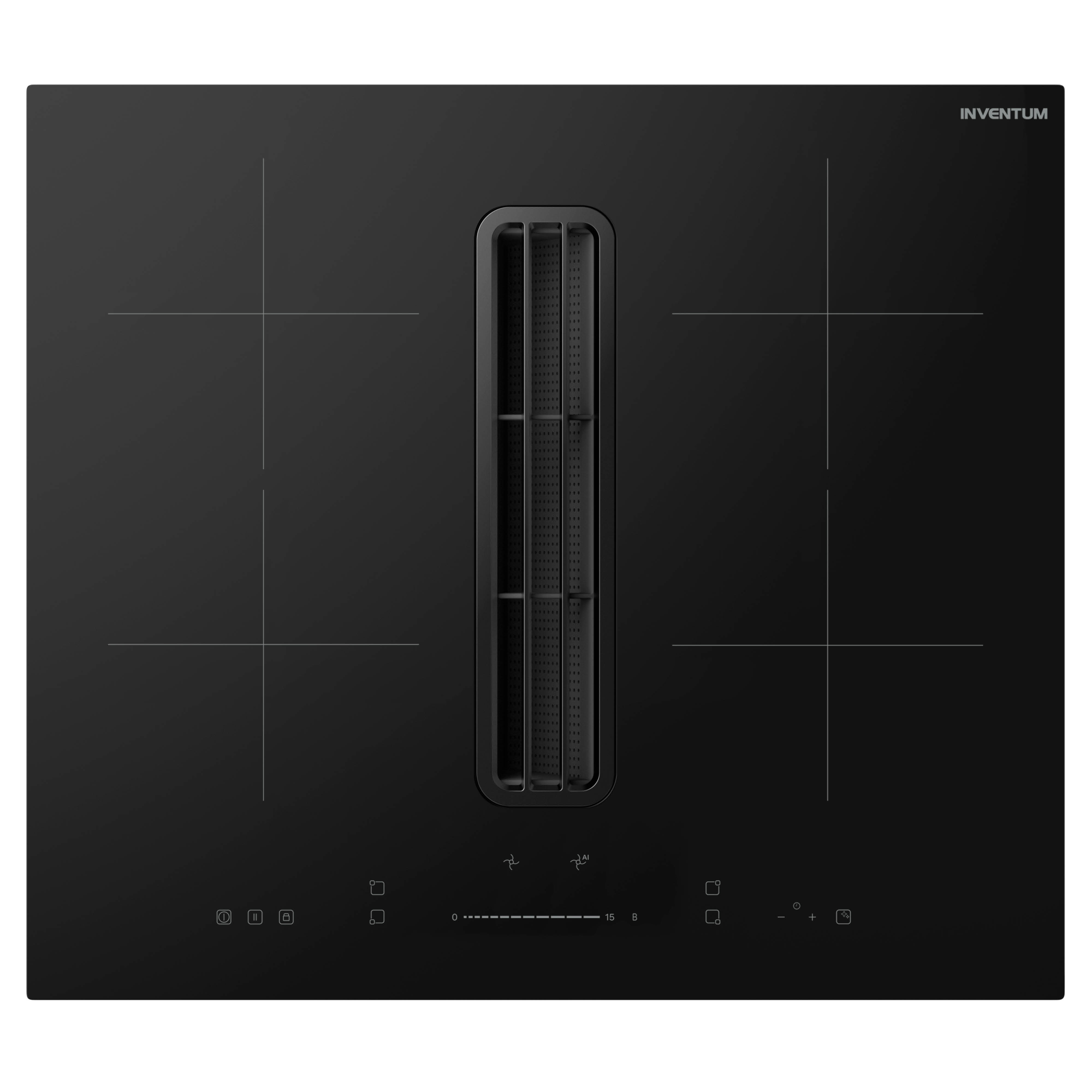 Black induction hob with four cooking zones and a central extractor.