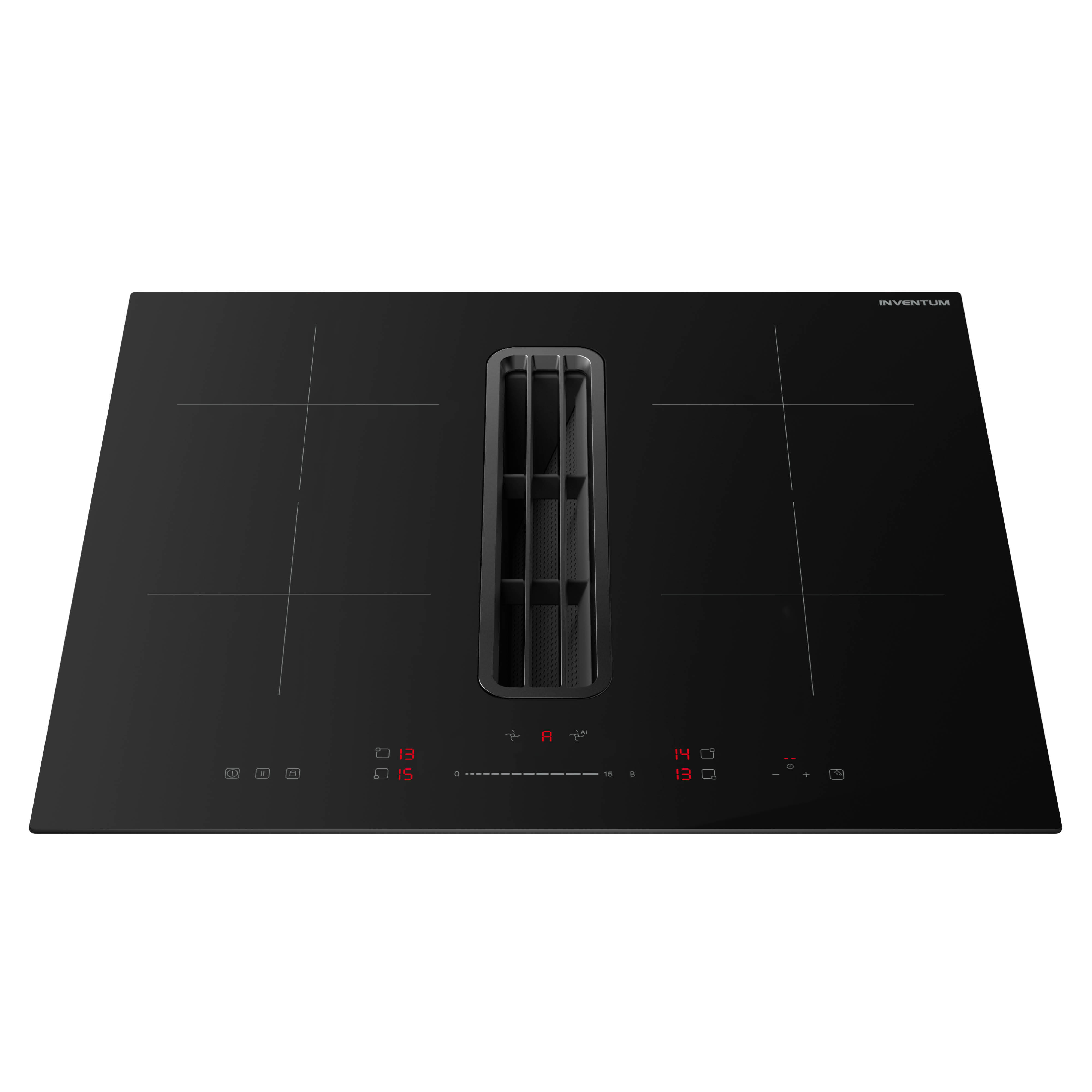 Black induction hob with integrated ventilation grille and digital controls.