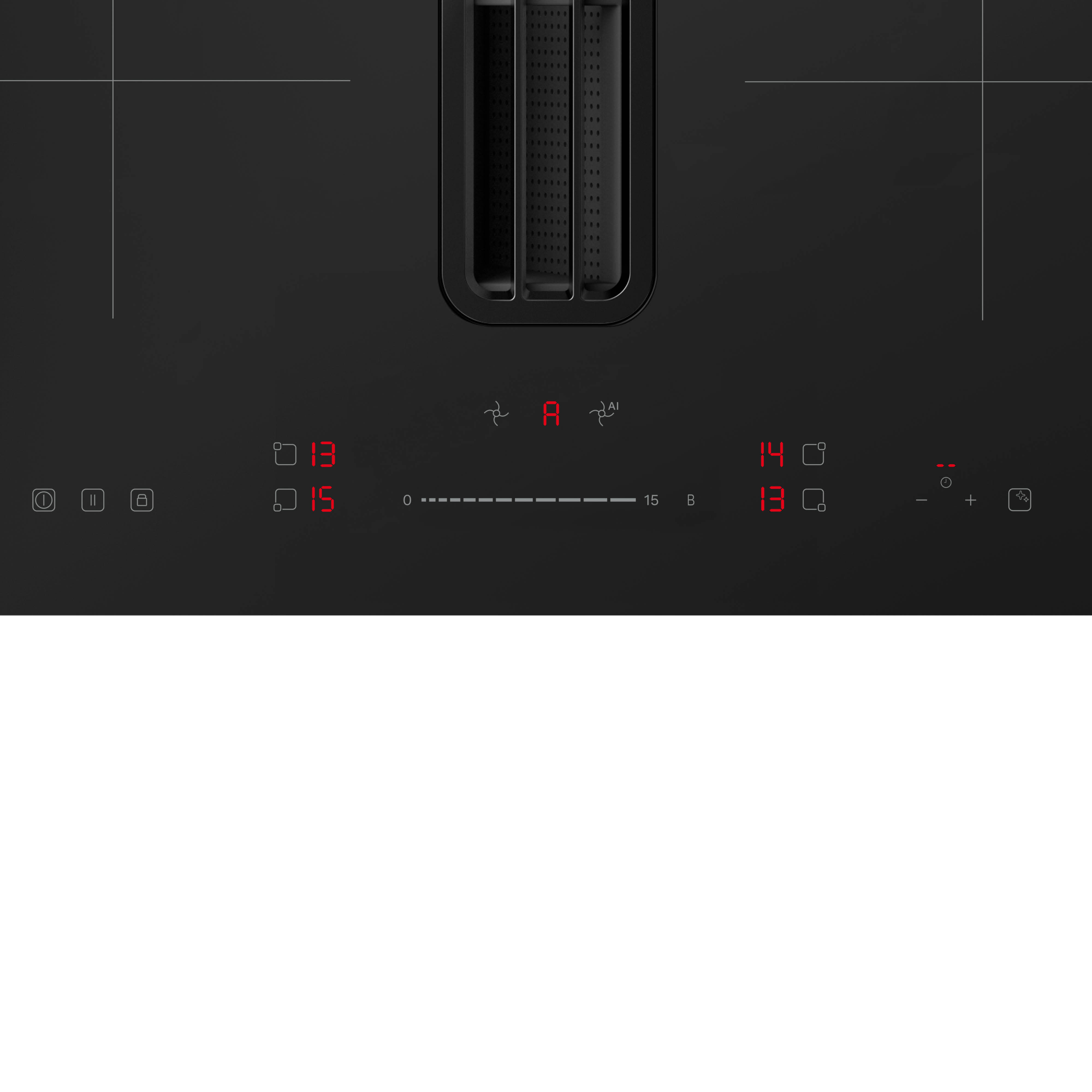 Close-up of a black cooktop with red digital displays and controls.
