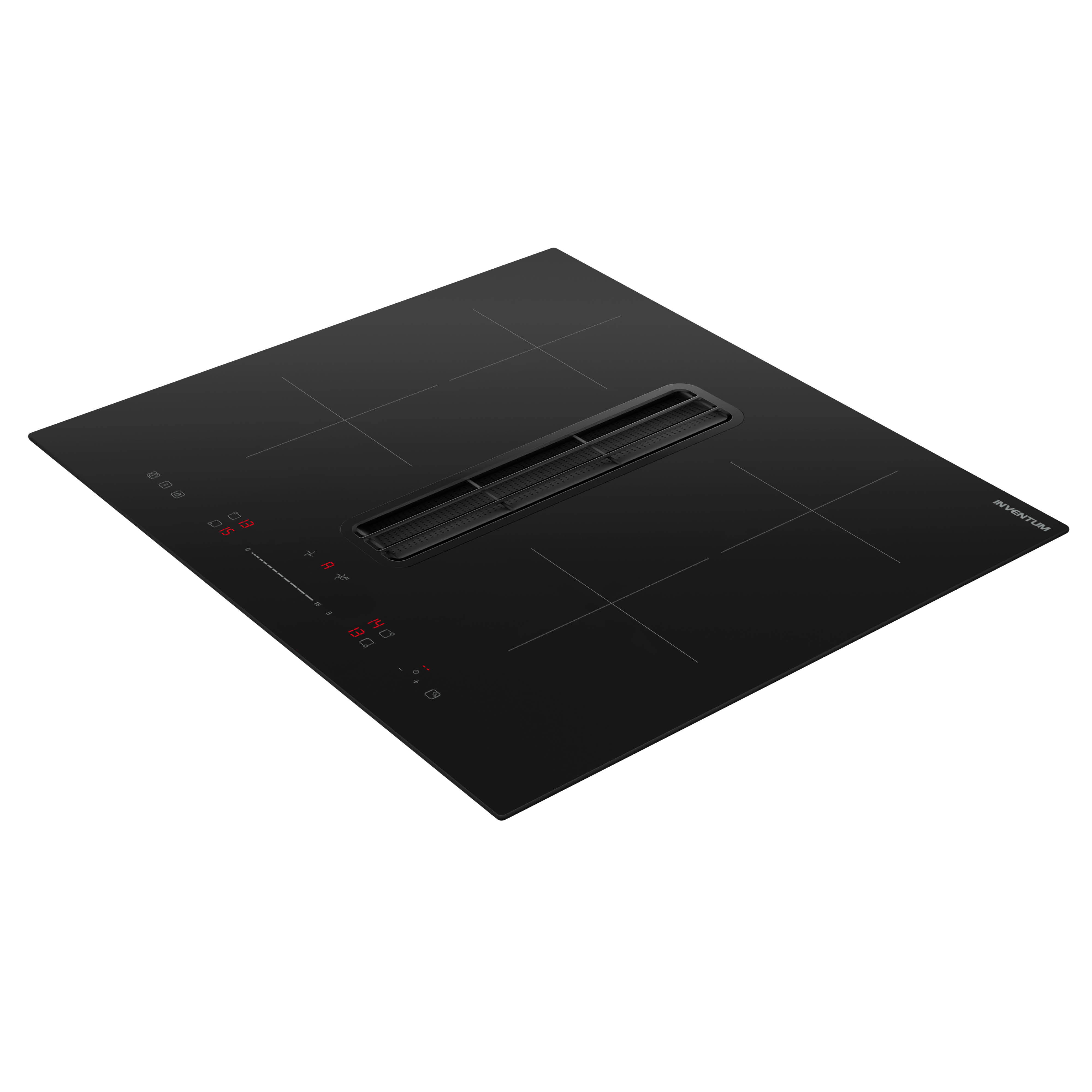 Black induction hob with integrated extractor fan and digital controls.