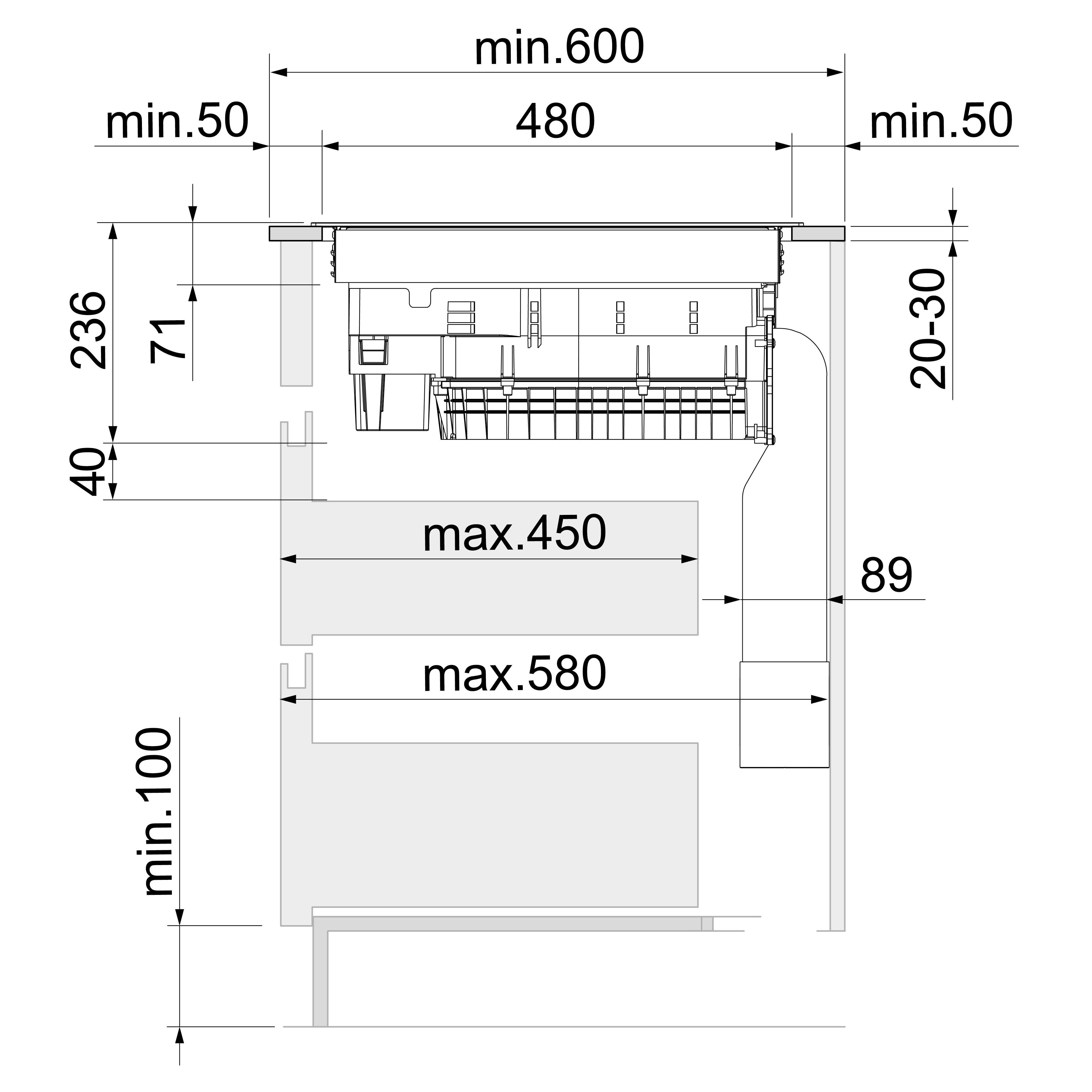 Technical drawing with dimensions for built-in appliances, dimensions in mm.
