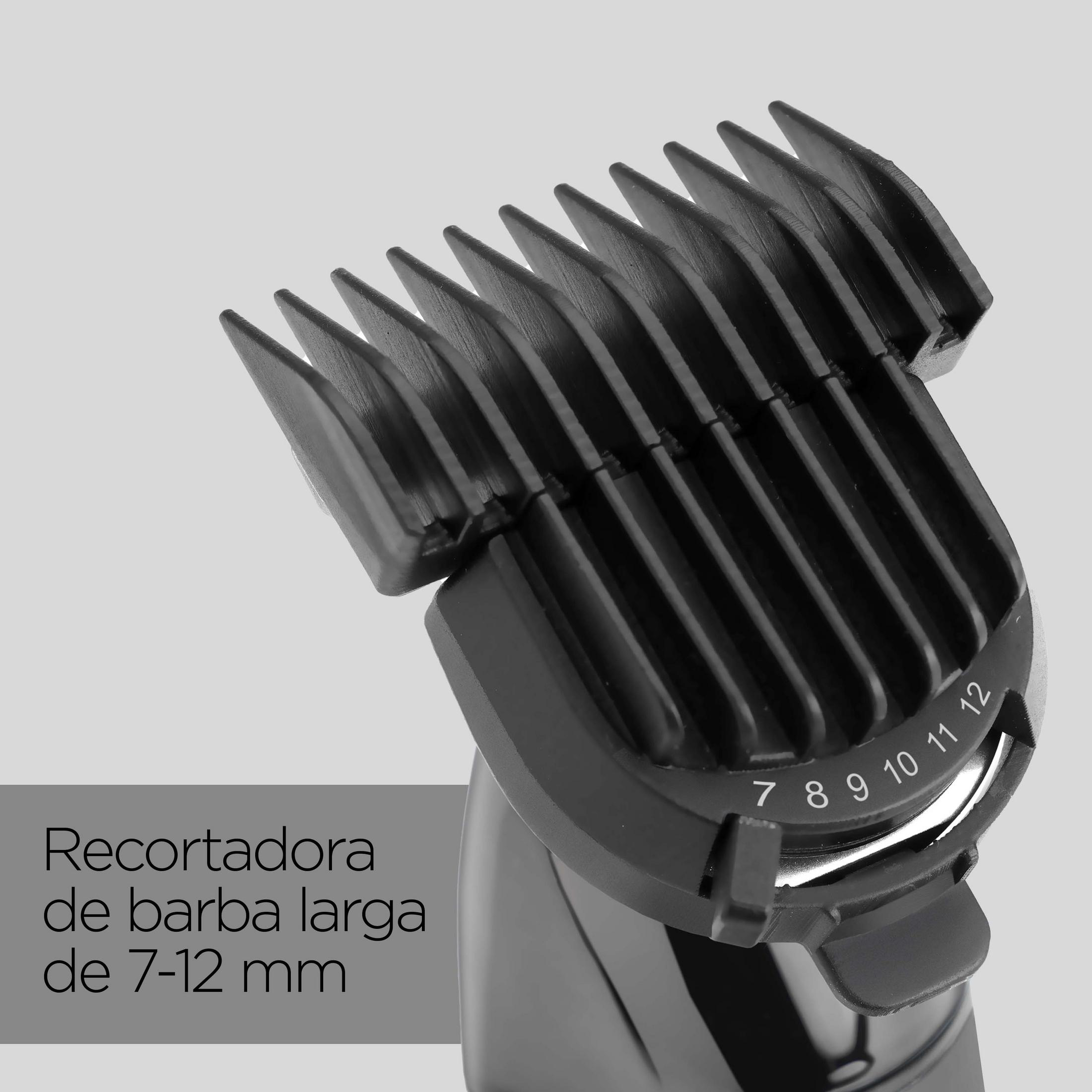 Zbliżenie czarnej nasadki trymera do brody z ustawieniami długości od 7-12 mm.