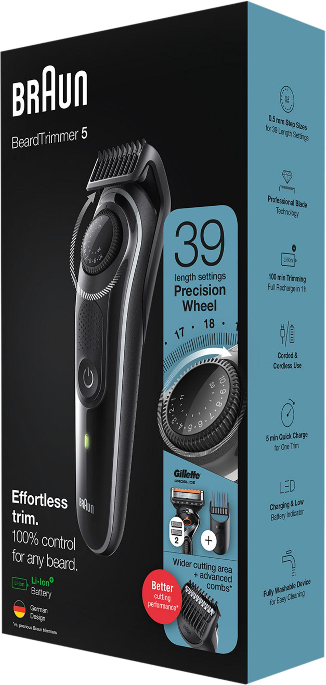 Caja Braun BeardTrimmer 5 con recortadora, icono de cable de carga, indicador LED y maquinilla Gillette.