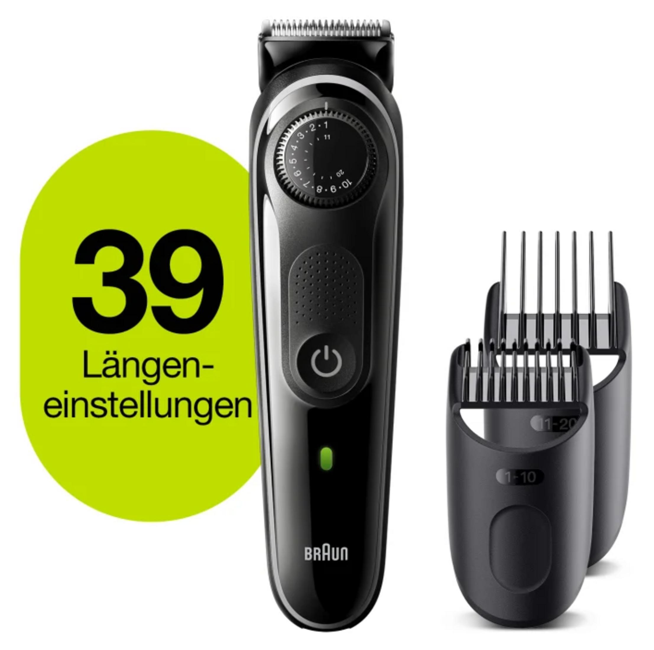 Una recortadora de barba Braun negra con 2 accesorios y un indicador verde.