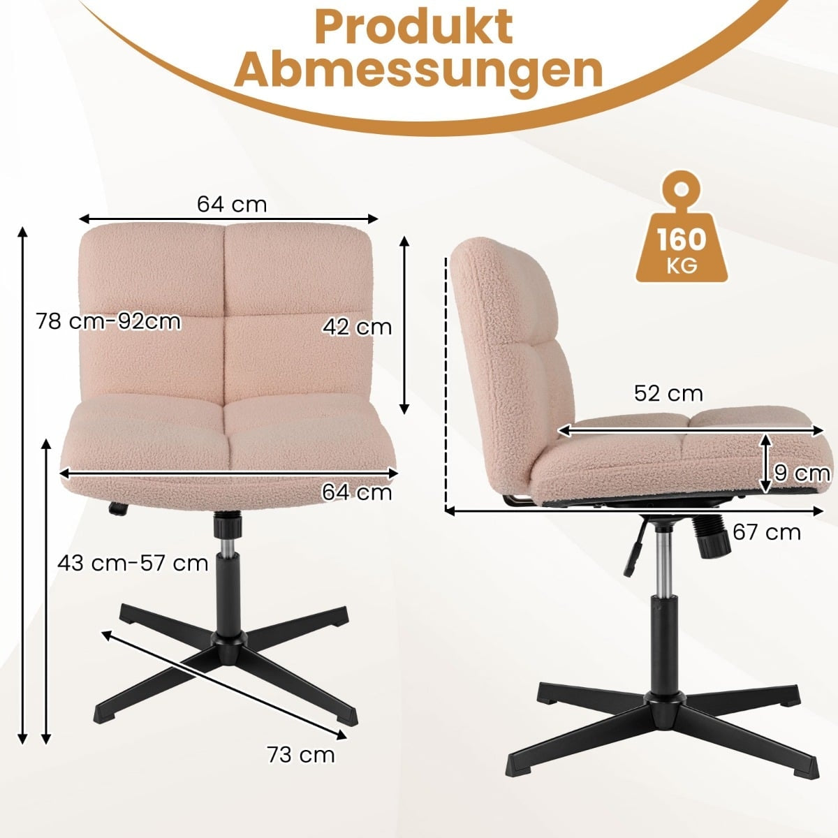 Dimensions of a pink teddy-bear fabric office chair. Adjustable height 78-92cm.